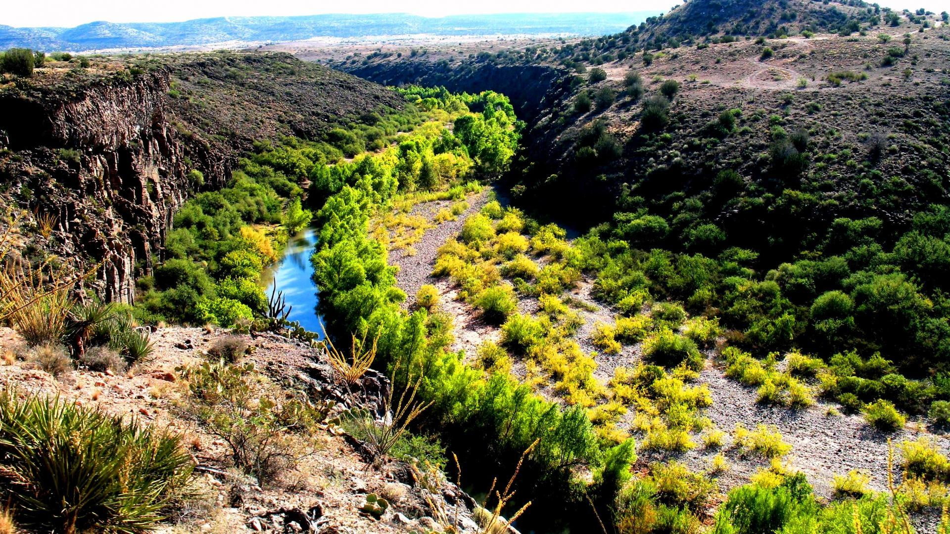 thru, 1080P, river, cliff, vegetation, 3d and abstract, desert, green, HD Wallpaper