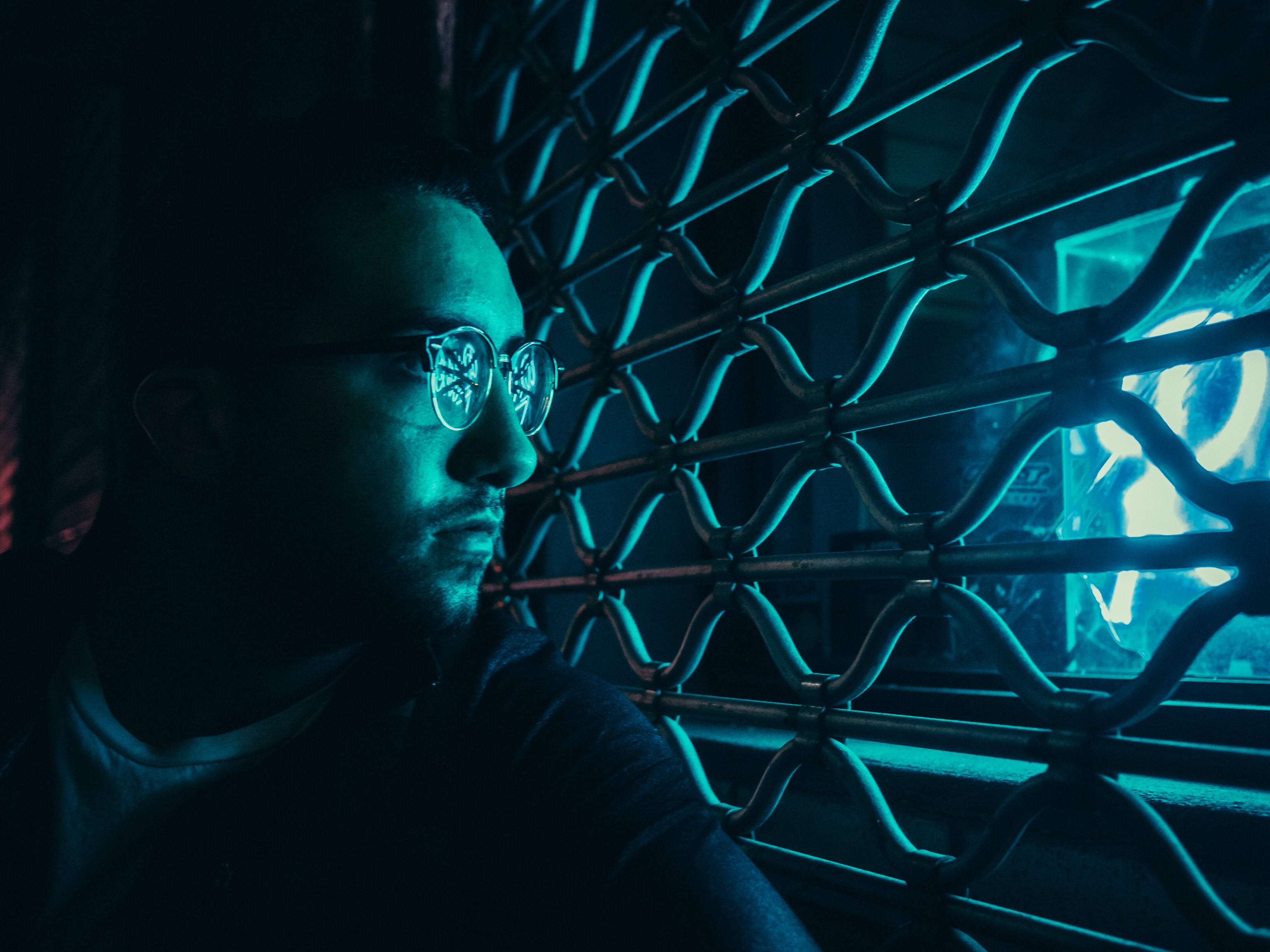 portrait, blue, eyeglasses, indoors, headshot, leisure activity, mid adult, shadow, adult, metal, illuminated, looking, lifestyles, glasses, man, thru, HD Wallpaper