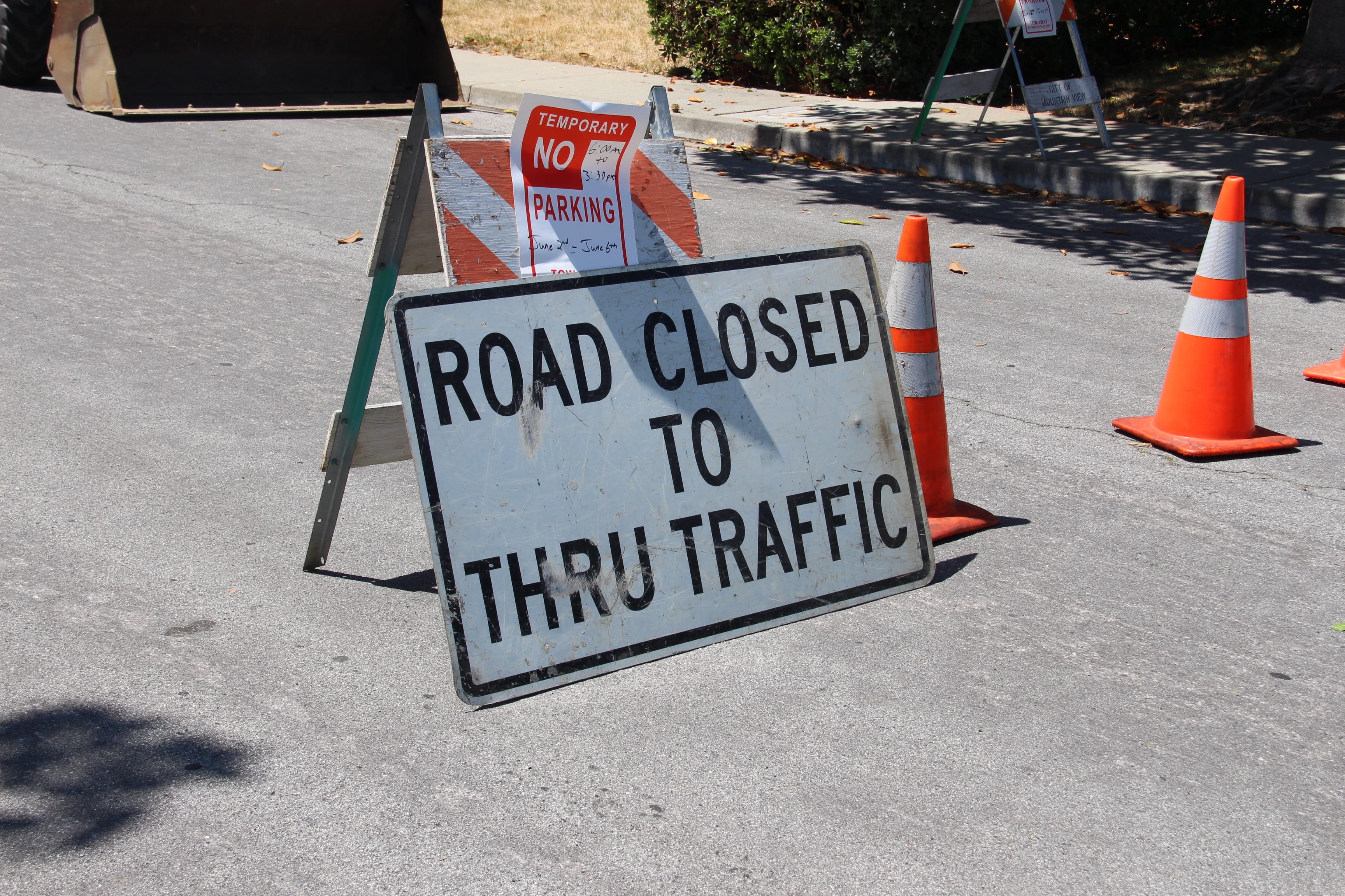 city, thru, information sign, road closed, traffic, road sign, safety, barricade, traffic cone, cone, sign, sunlight, signage, information, western script, HD Wallpaper