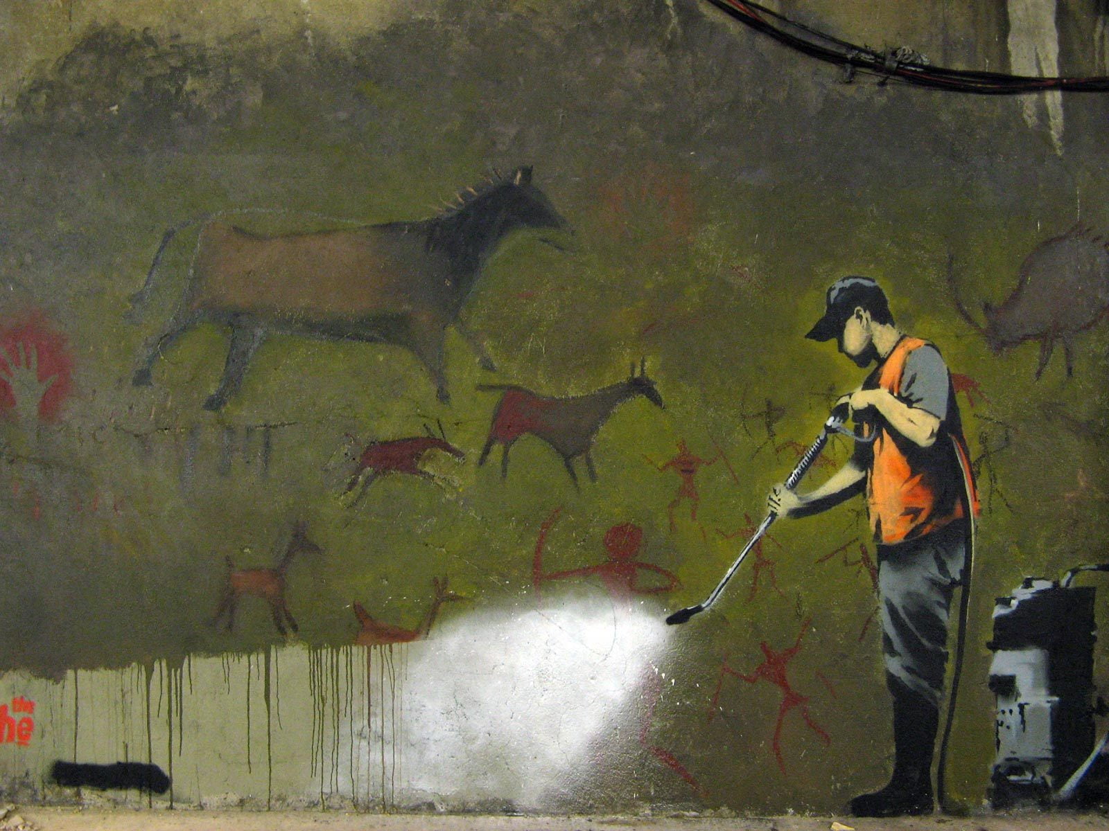 Graffiti, water, one person, full length, mural, group of animals, Caveman, cleaning, illustration, 720P, standing, outdoors, occupation, vertebrate, men, HD Wallpaper