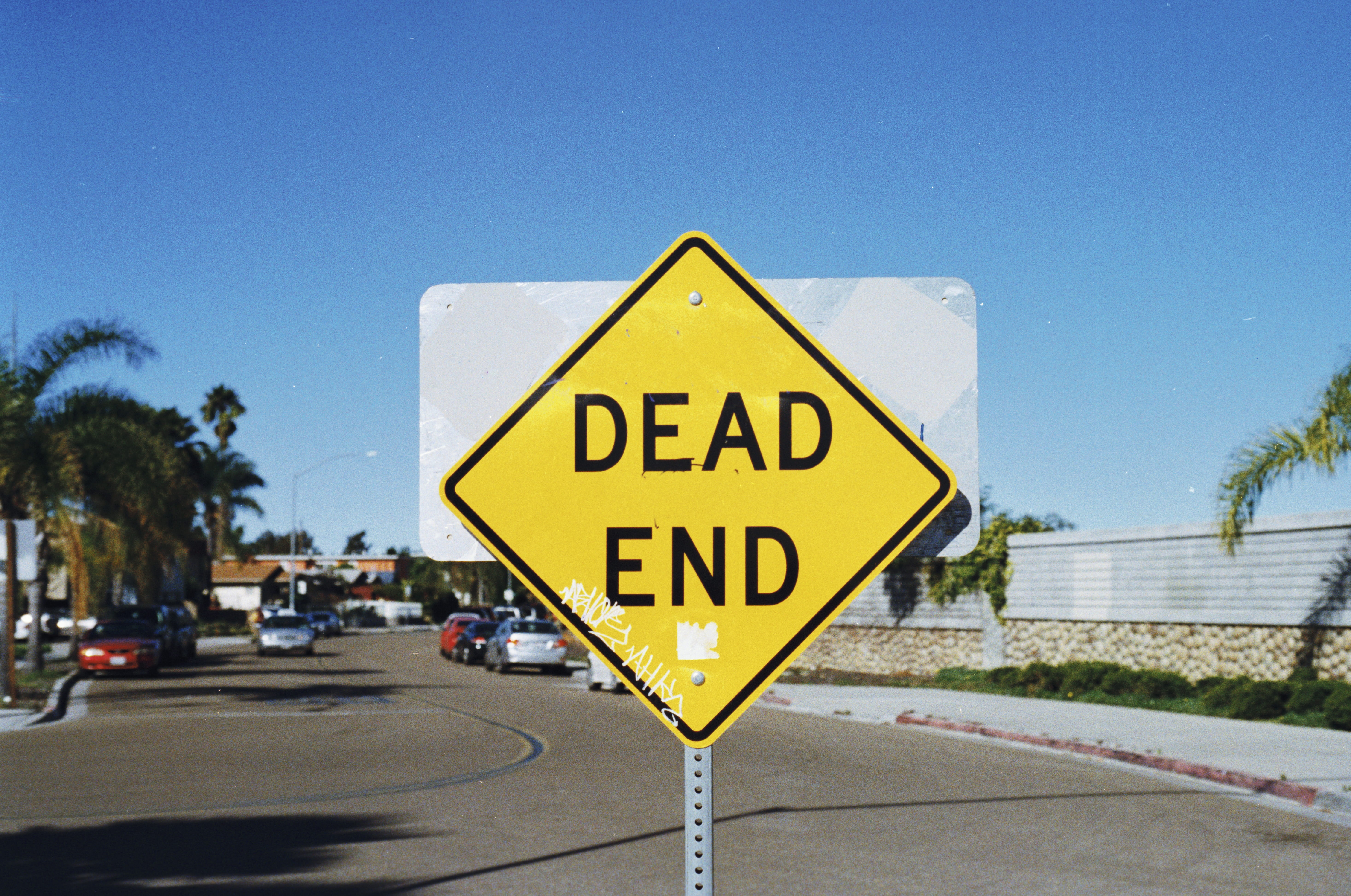 car, guidance, communication, vehicle, road, signage, intersection, road warning sign, shallow, day, warning sign, arecaceae, dead end, plant, western script, HD Wallpaper