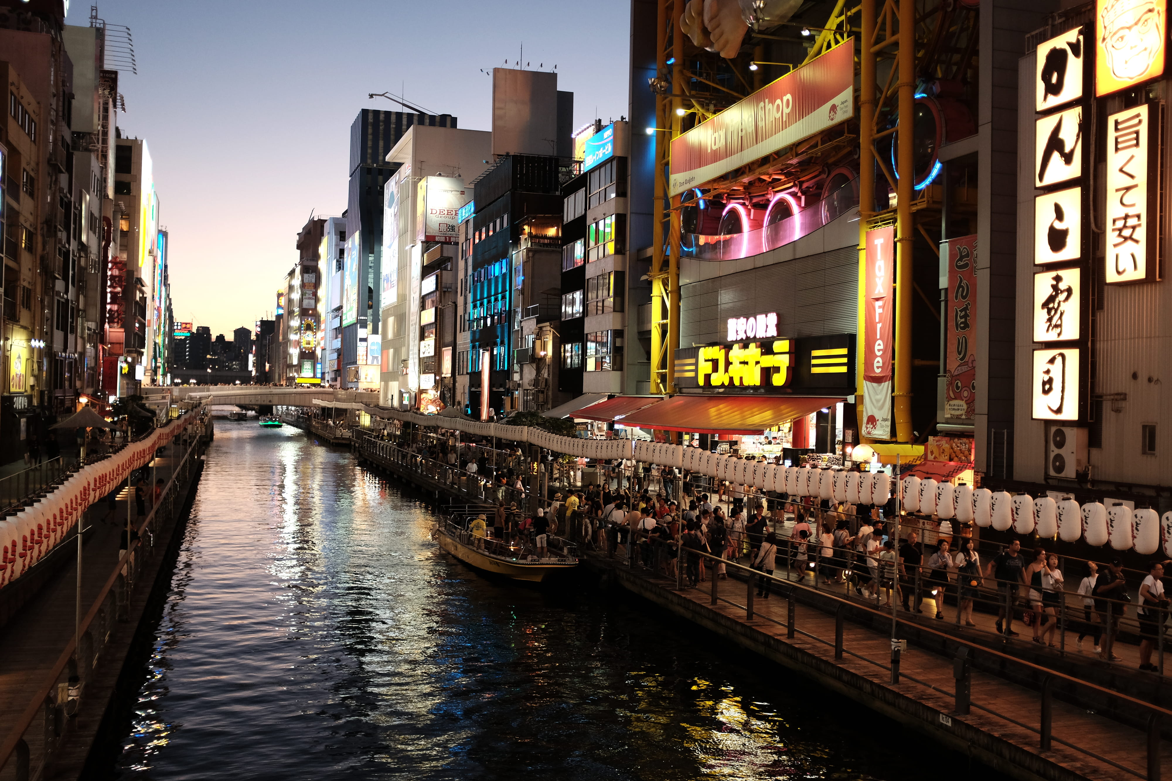 nature, transportation, residential district, japan, incidental people, building, built structure, night, canal, city, 4K, lights, mode of transportation, HD Wallpaper
