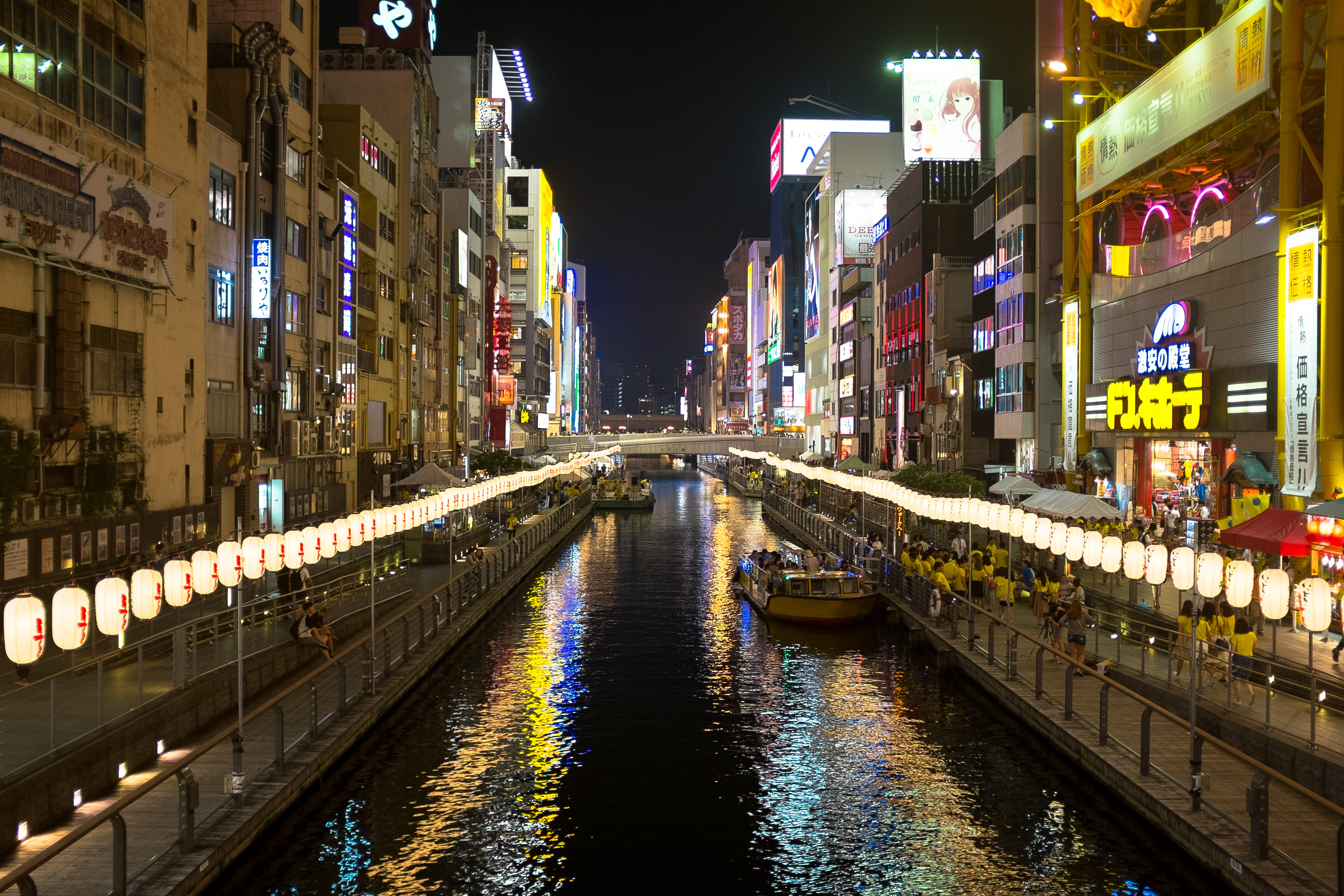 osaka, the way forward, nature, waterfront, building exterior, diminishing perspective, water, building, japan, no people, night, dotonbori, lantern, architecture, HD Wallpaper