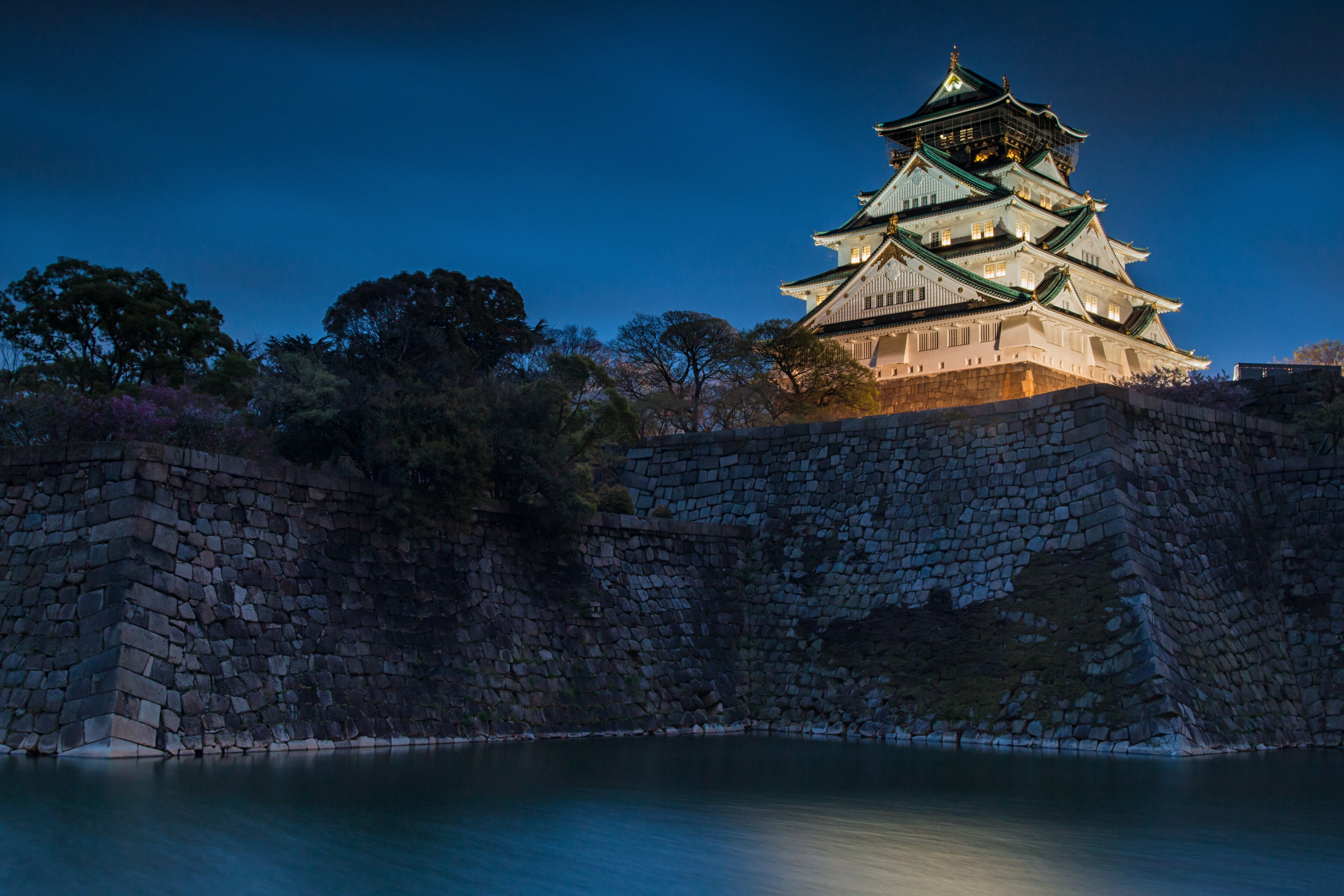 night, mound, castle, ditch, 5K, Osaka Castle, Osaka, Japan, water, HD Wallpaper