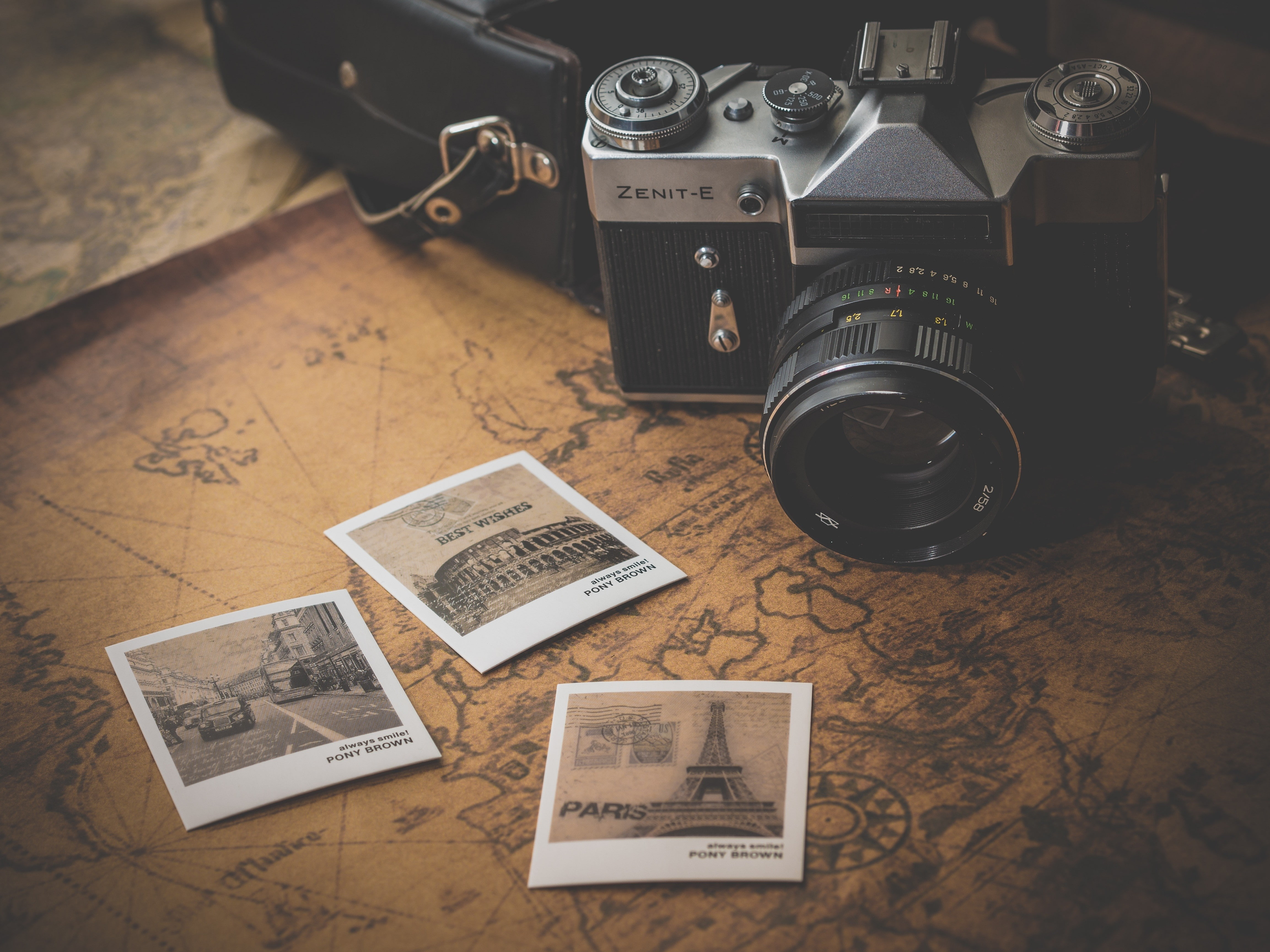 4K, minimalism, Polaroid, camera, map, HD Wallpaper