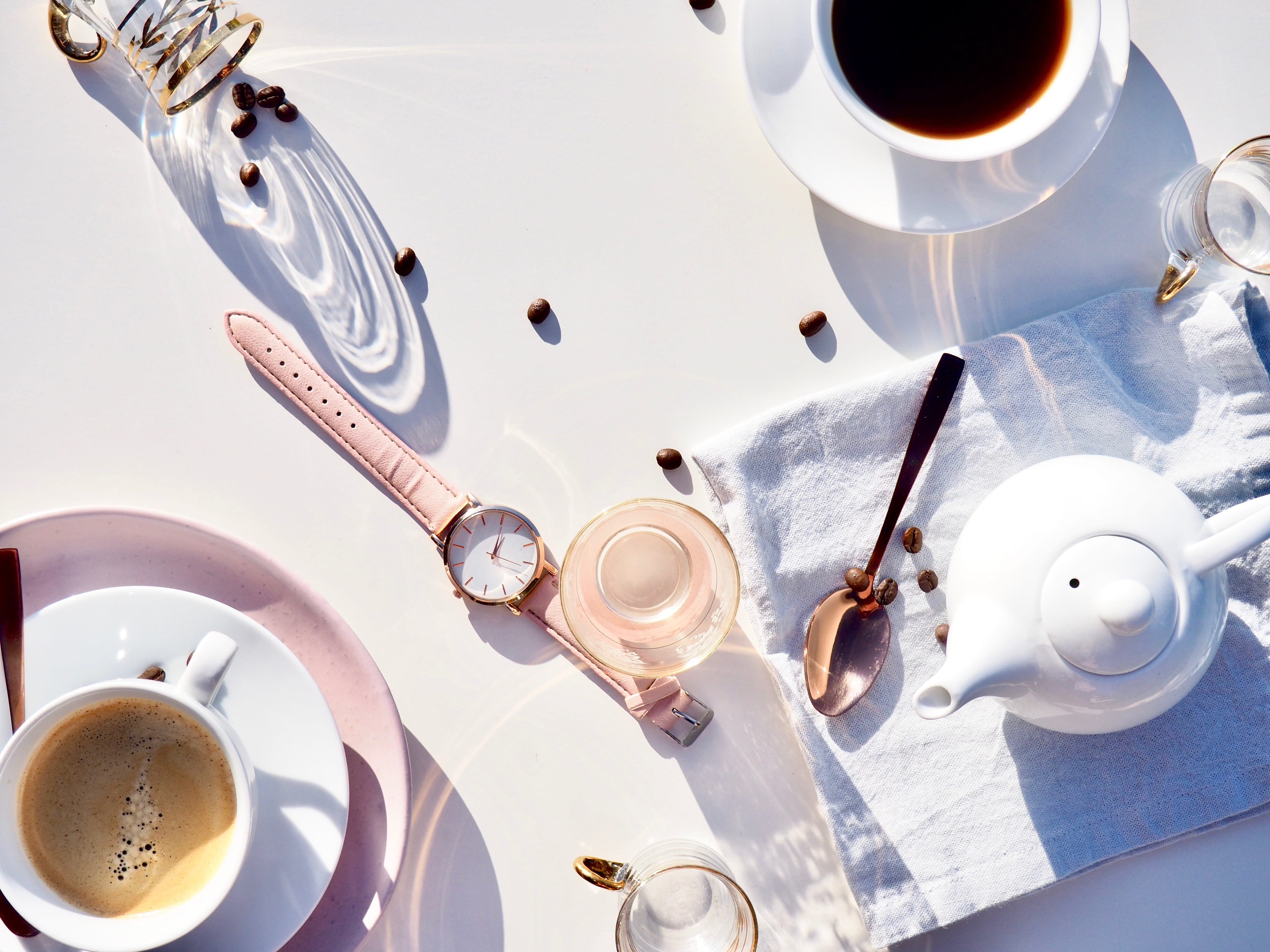 delicious, hot drink, white background, kitchen utensil, table, mug, setting, black coffee, hot, eating utensil, coffee drink, colors, coffee cup, watch, HD Wallpaper