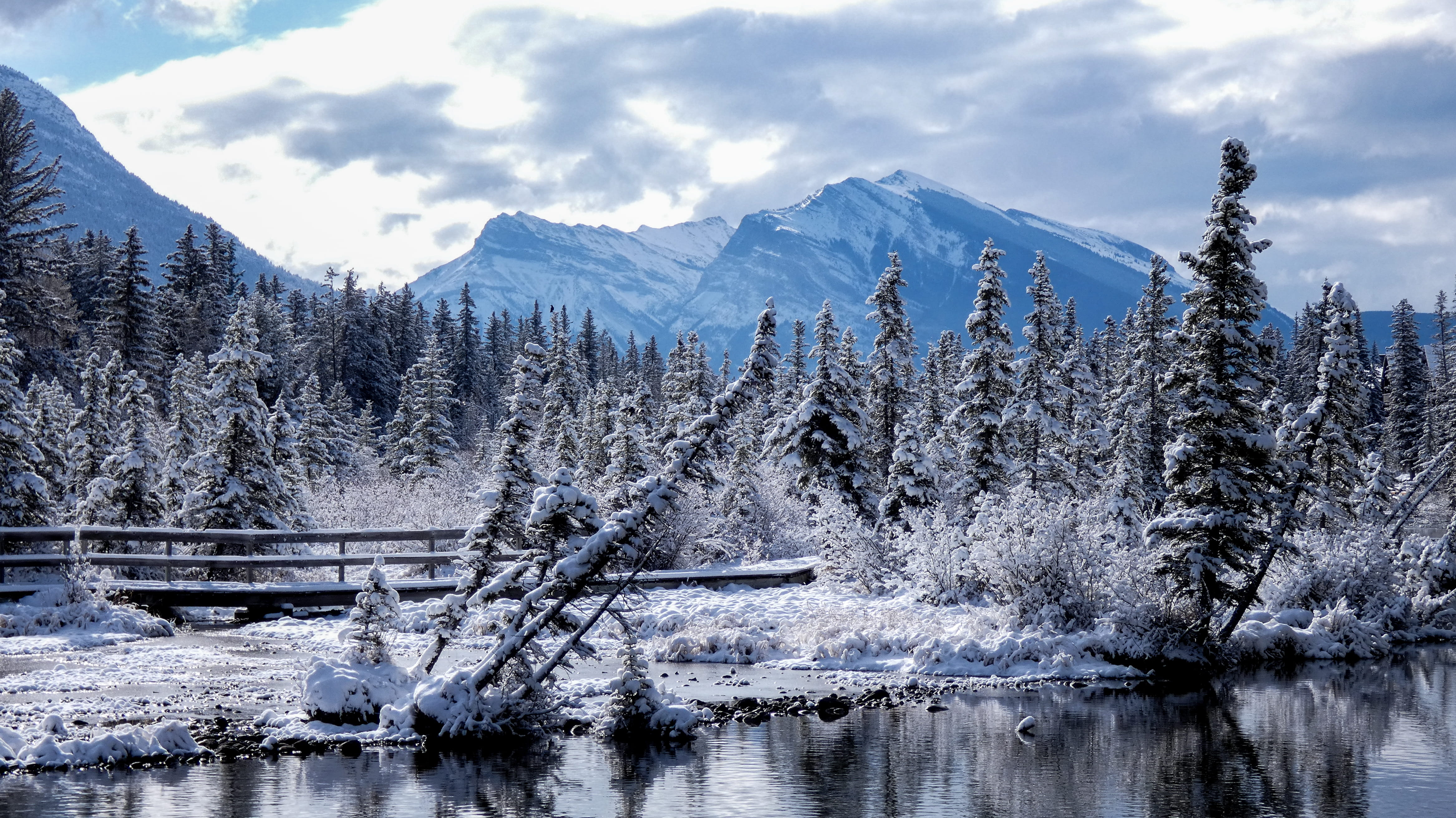 bridge, no people, tree, scenery, 4K, ice, nature, canmore, snow, peak, snowcapped mountain, outdoors, scenics - nature, pine tree, abies, beauty in nature, HD Wallpaper