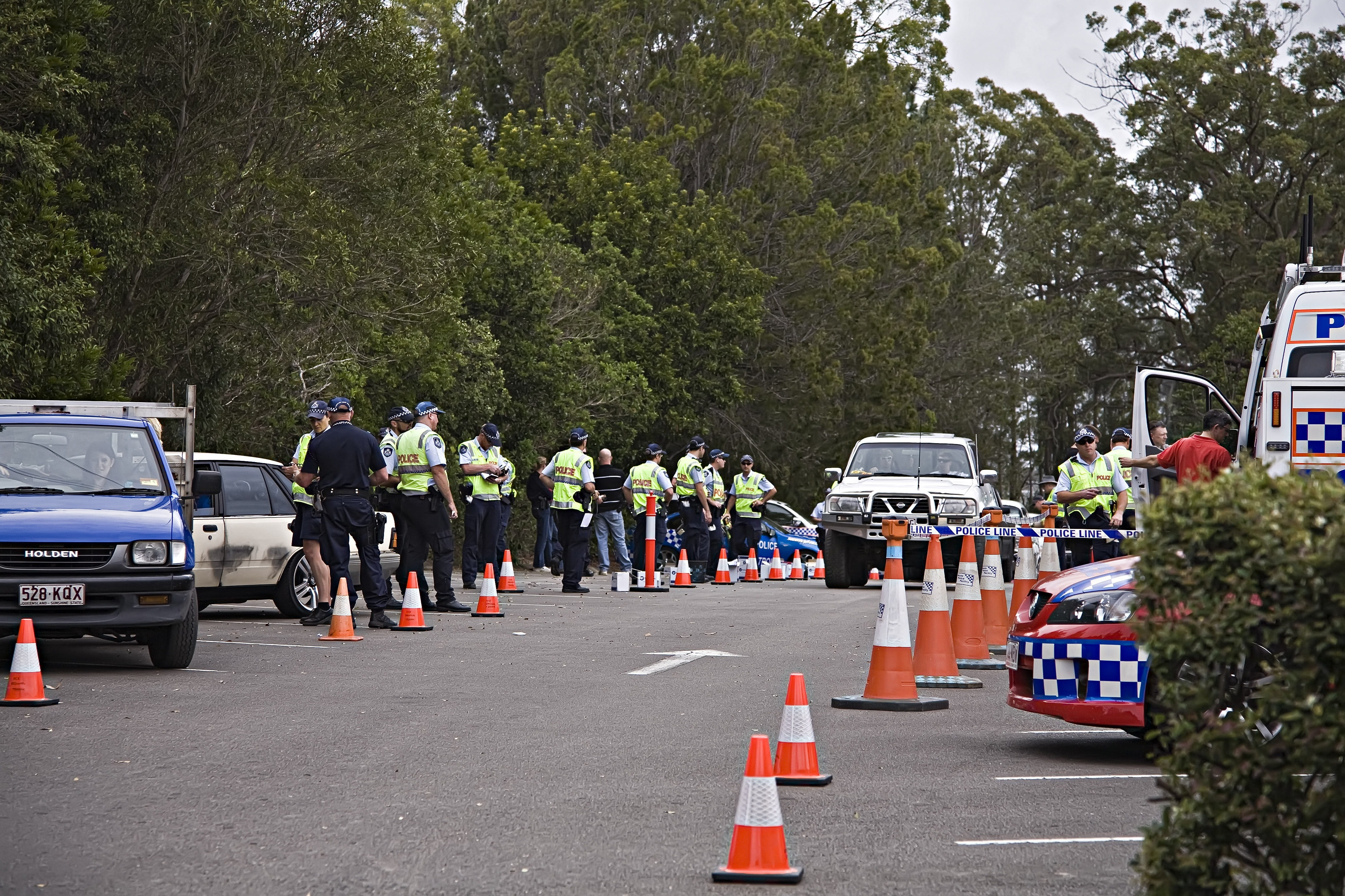 road, group of people, trees, detective, Security, traffic cone, group, detectives, searching, Police, large group of people, plant, city, sign, 4K, cone, HD Wallpaper
