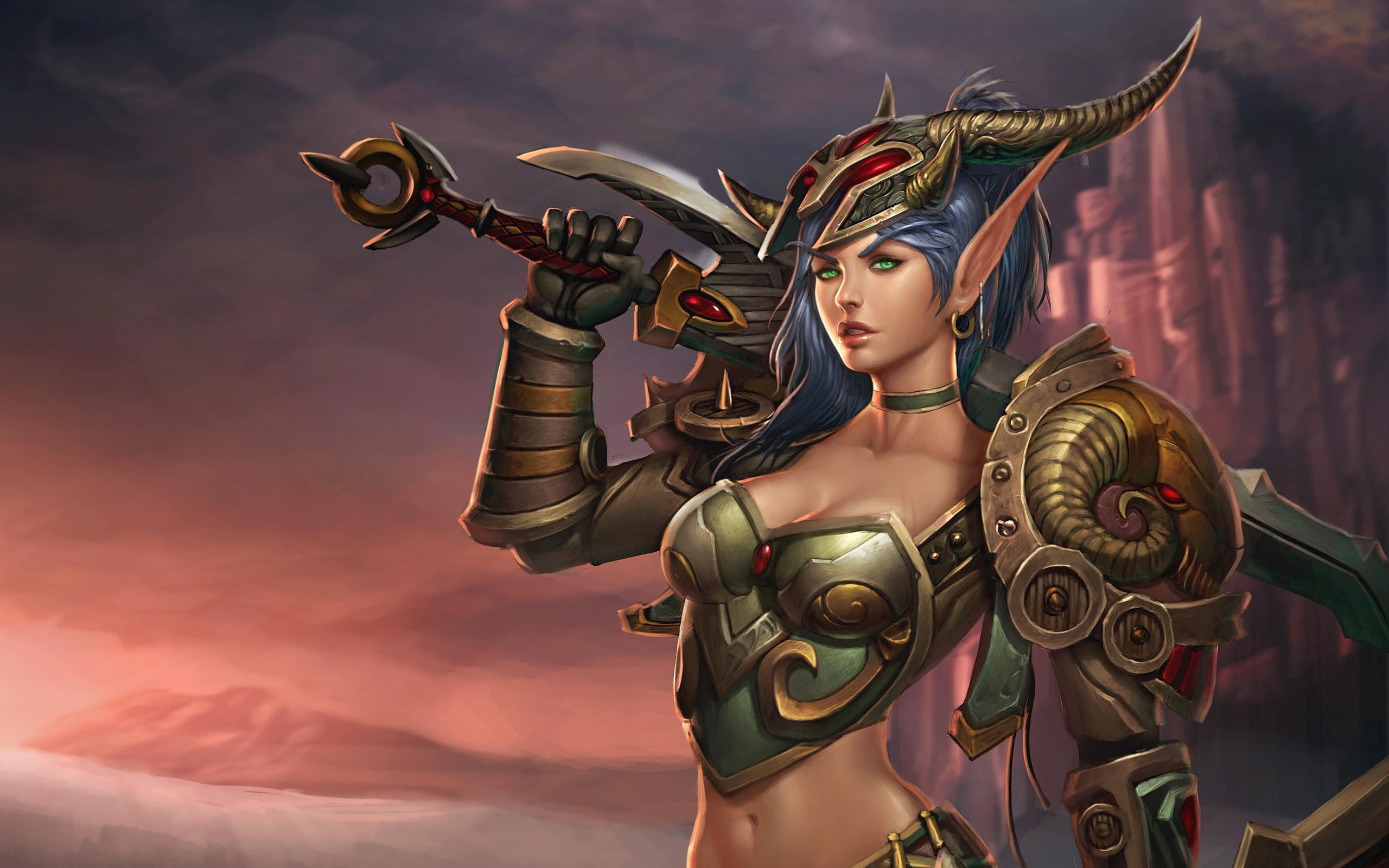 2K, games, shading, long, hair, elves, earings, armor, green, fantasy, world, art, weapons, ears, warcraft, blue, soft, women, artwork, horns, eyes, swords, HD Wallpaper