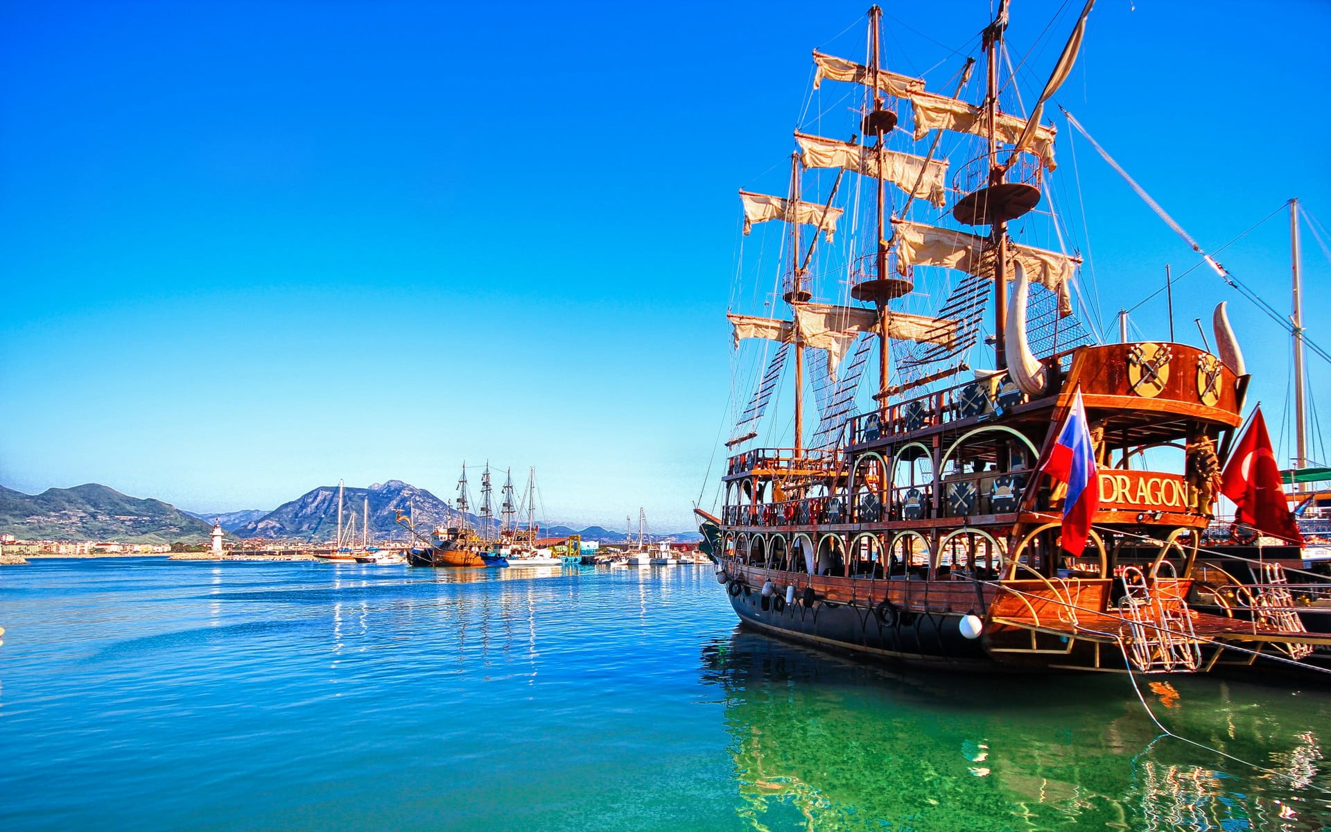 nature, architecture, no people, red, shipping, vehicle, sailing ship, 1080P, nautical vessel, blue, sky, freight transportation, sea, machinery, boat, HD Wallpaper
