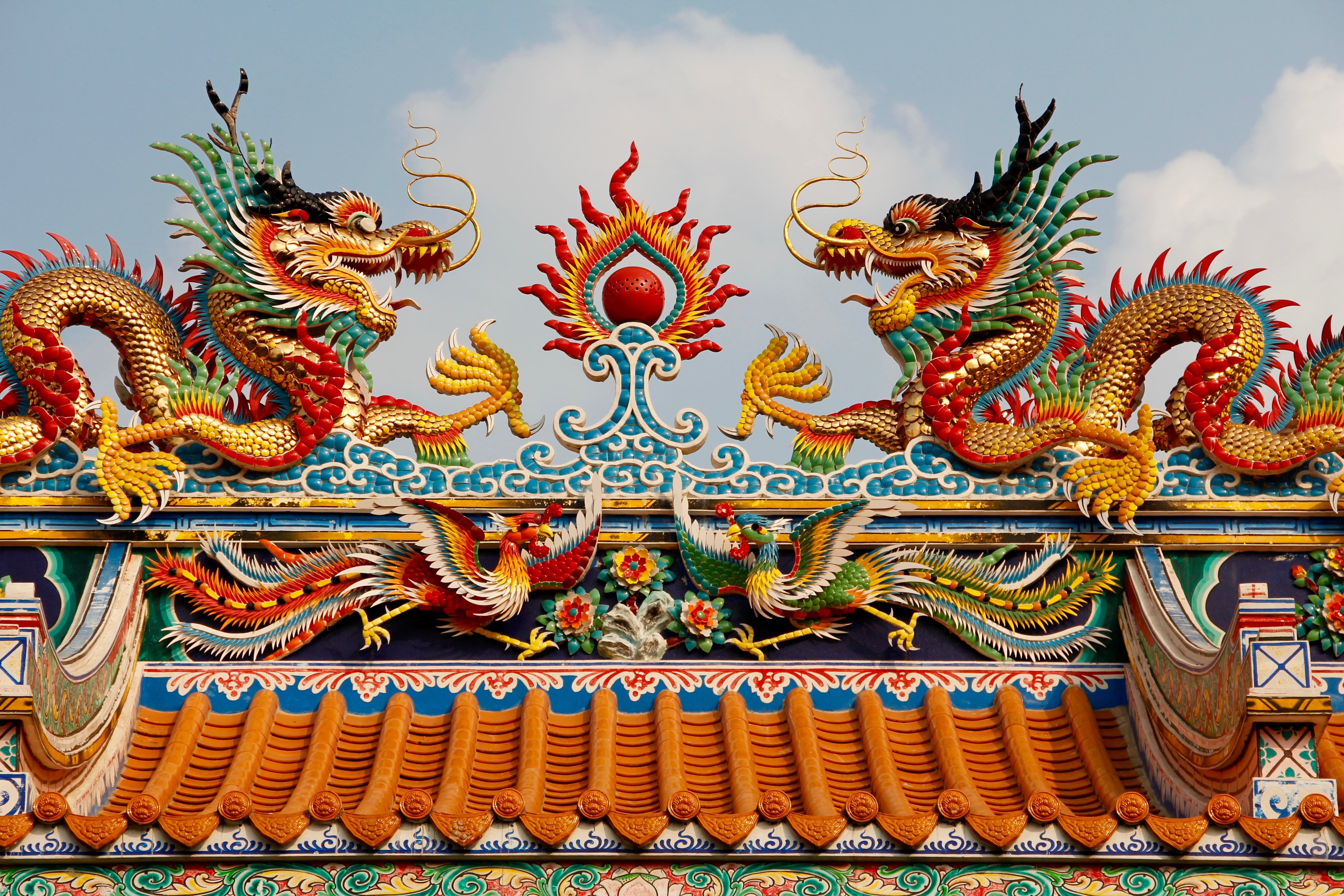 chinese dragon, temple, dragons, no people, sculpture, building, buddhism, multi colored, red, craft, orange, 5K, thai, colorful, place of worship, spirituality, HD Wallpaper