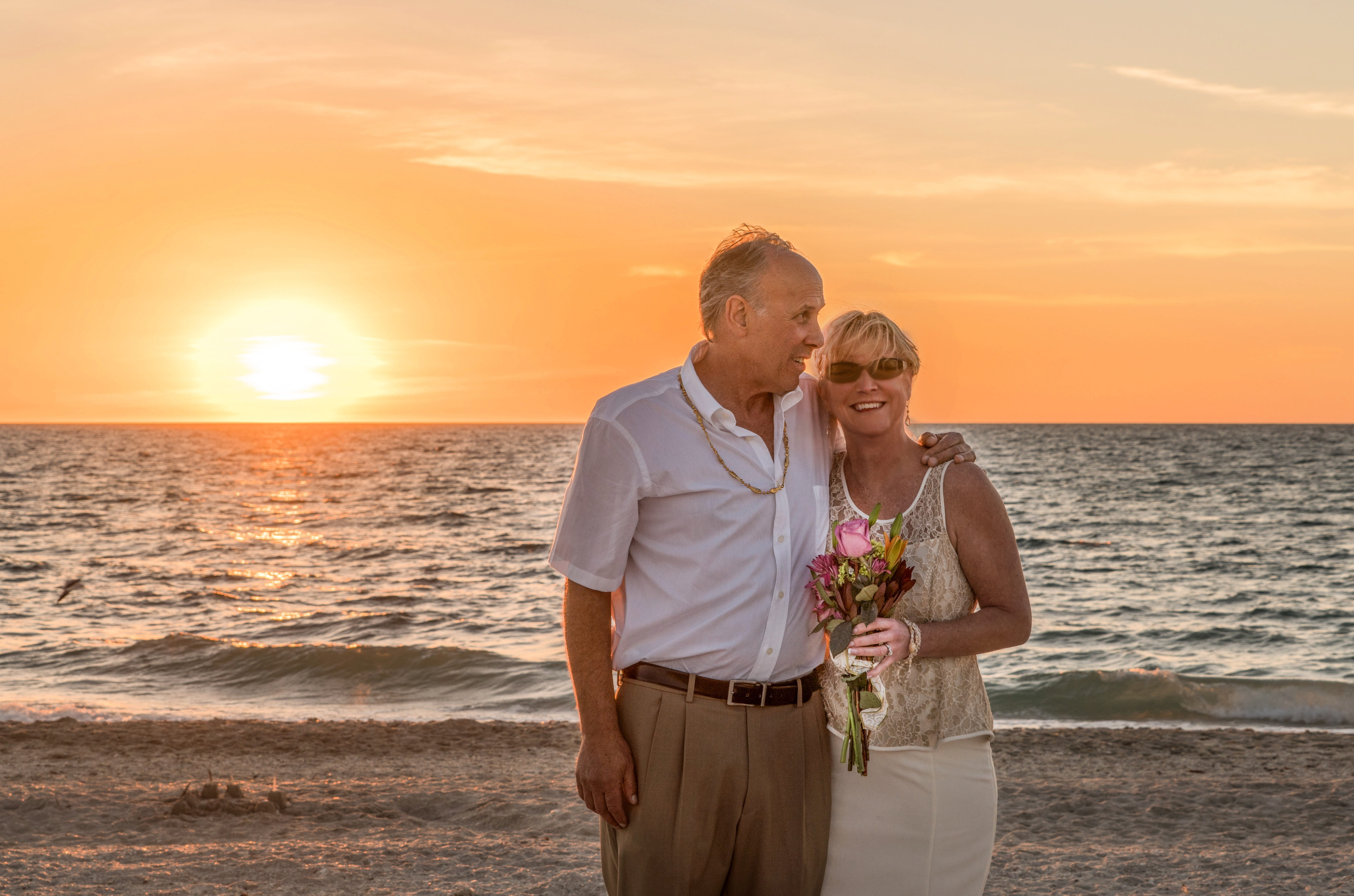 floral, woman, beach wedding, water, bride, adult, sea, heterosexual Couple, nature, tank, yellow, romance, marriage, females, fun, males, togetherness, HD Wallpaper