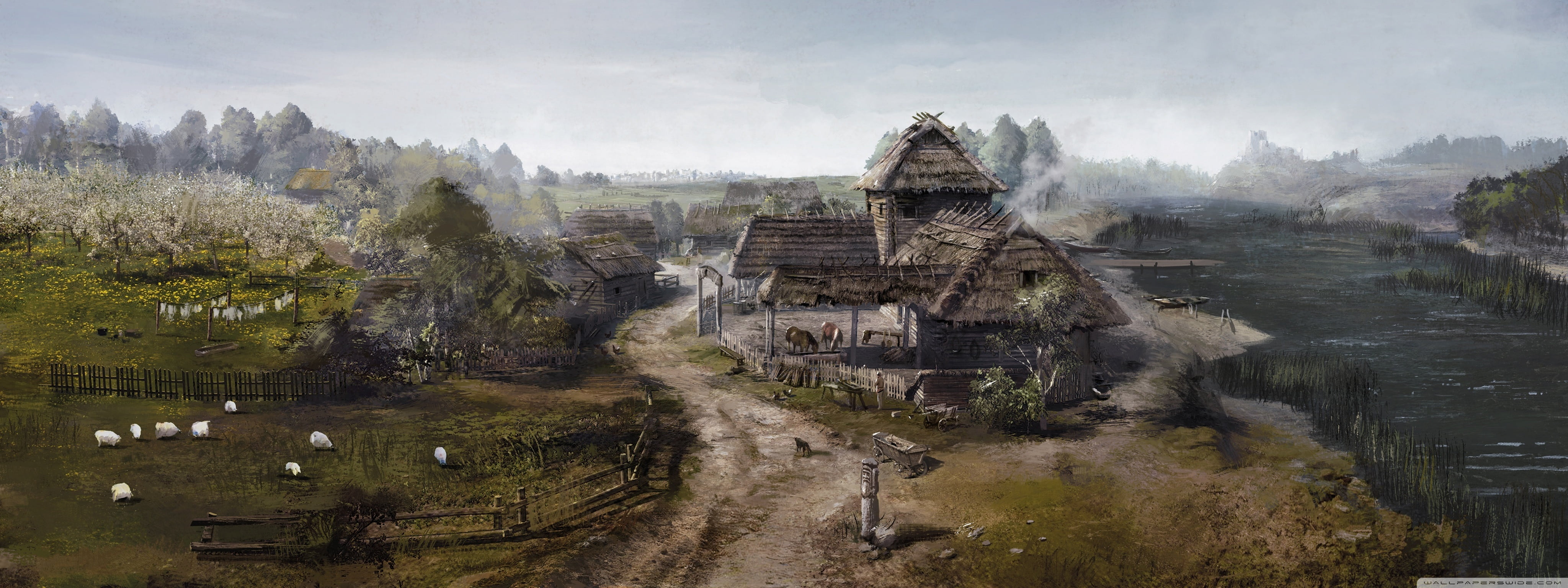 The Witcher, landscape, tree, cloud - sky, environment, old, southeast Asia, ancient civilization, indonesia, game, home, built Structure, nature, day, HD Wallpaper