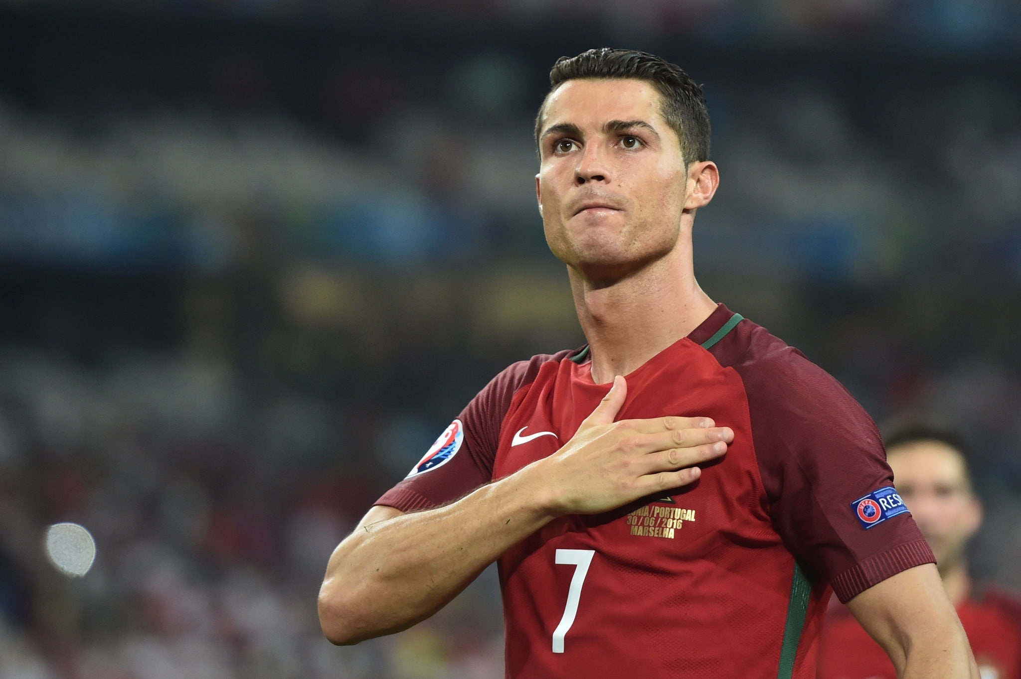 portrait, sport, looking at camera, waist up, 1080P, soccer, one person, clothing, sportsman, standing, cristiano ronaldo  widescreen, day, athlete, incidental people, HD Wallpaper