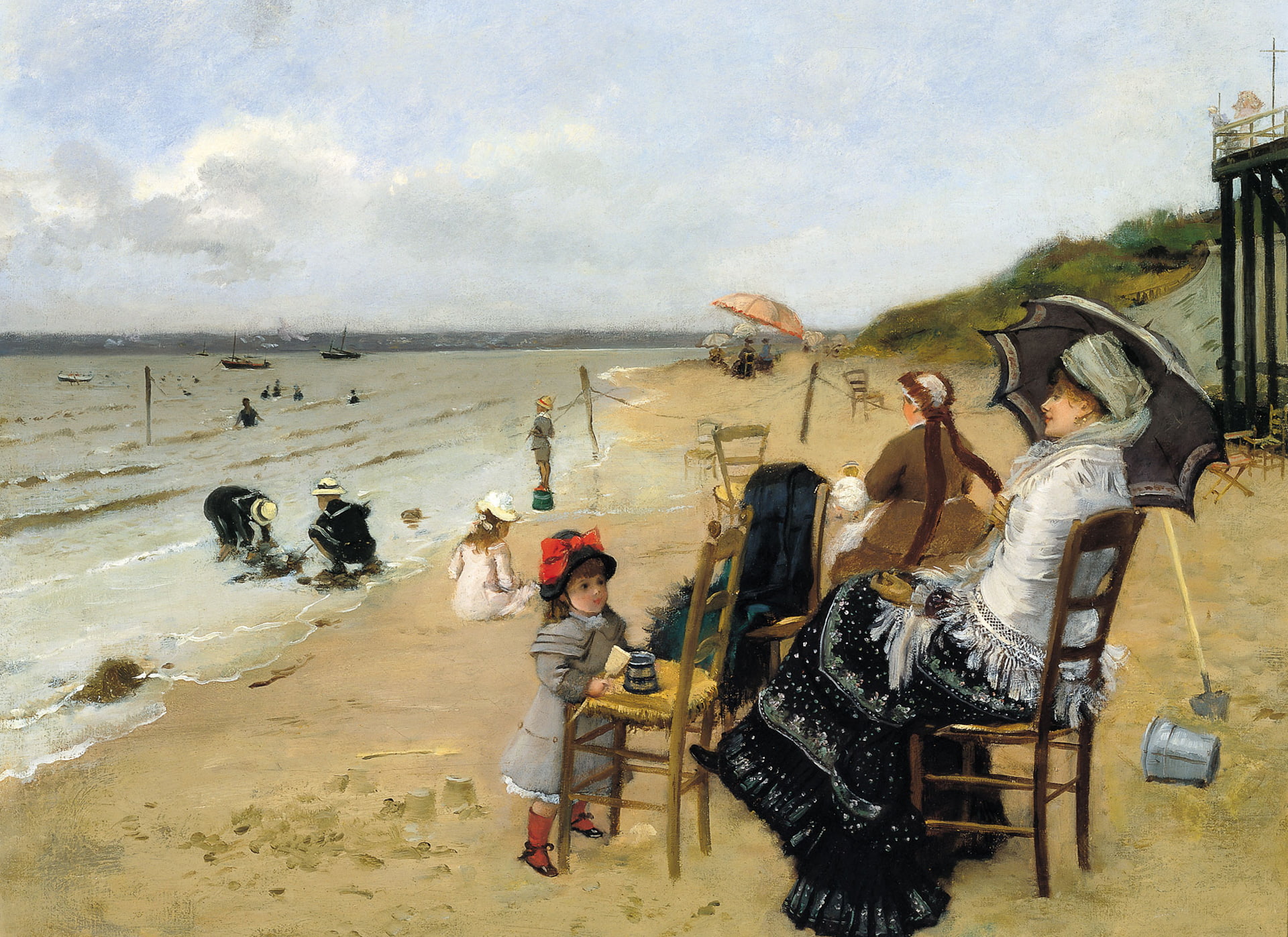 Ernest Ange Duez, 1080P, picture, genre, sea, Mother with Daughter on the Beach, HD Wallpaper