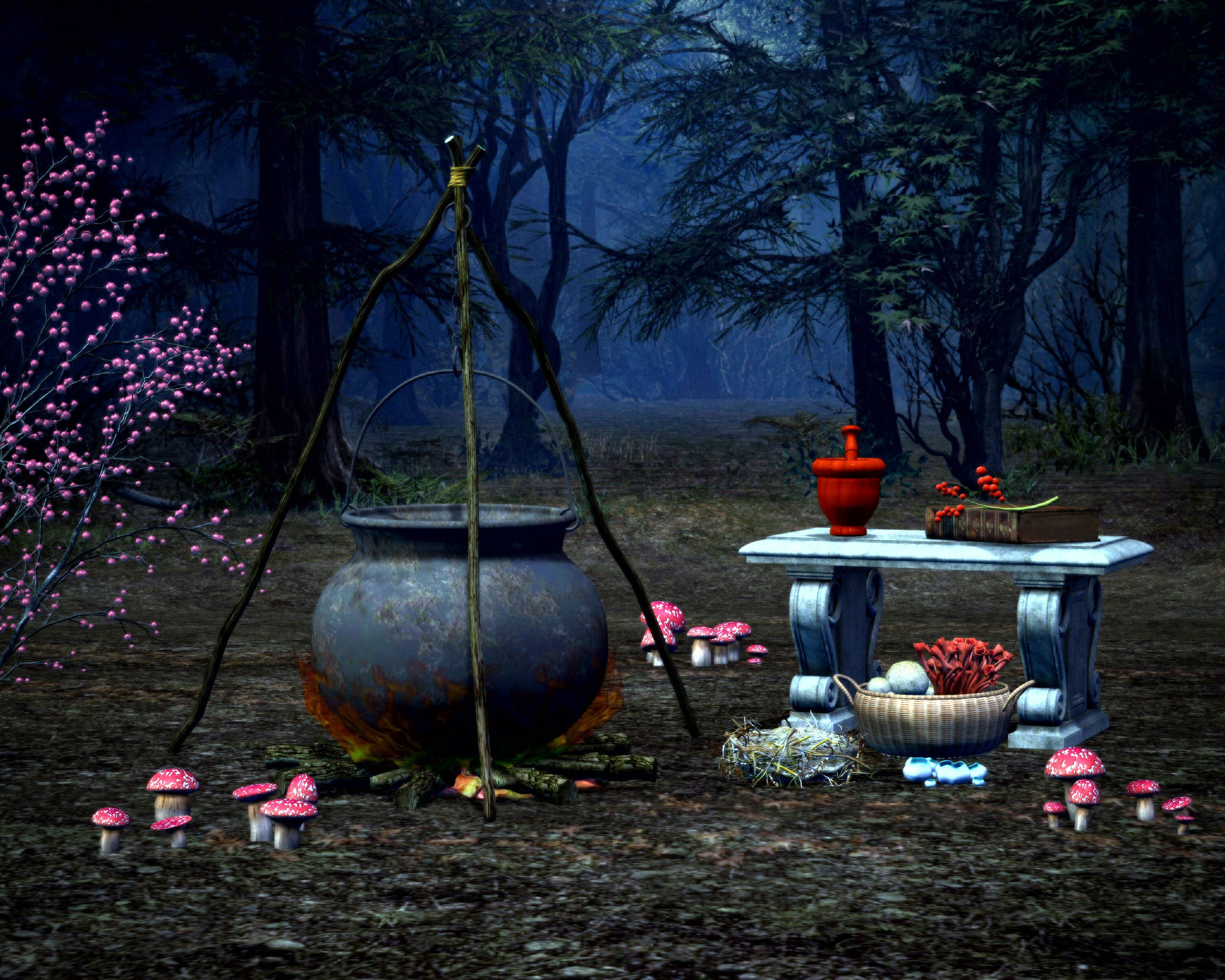 Witch, decoration, art, no people, 2K, outdoors, night, nature, Ingredients, growth, lighting equipment, illuminated, table, woods, lantern, branch, flowering plant, HD Wallpaper