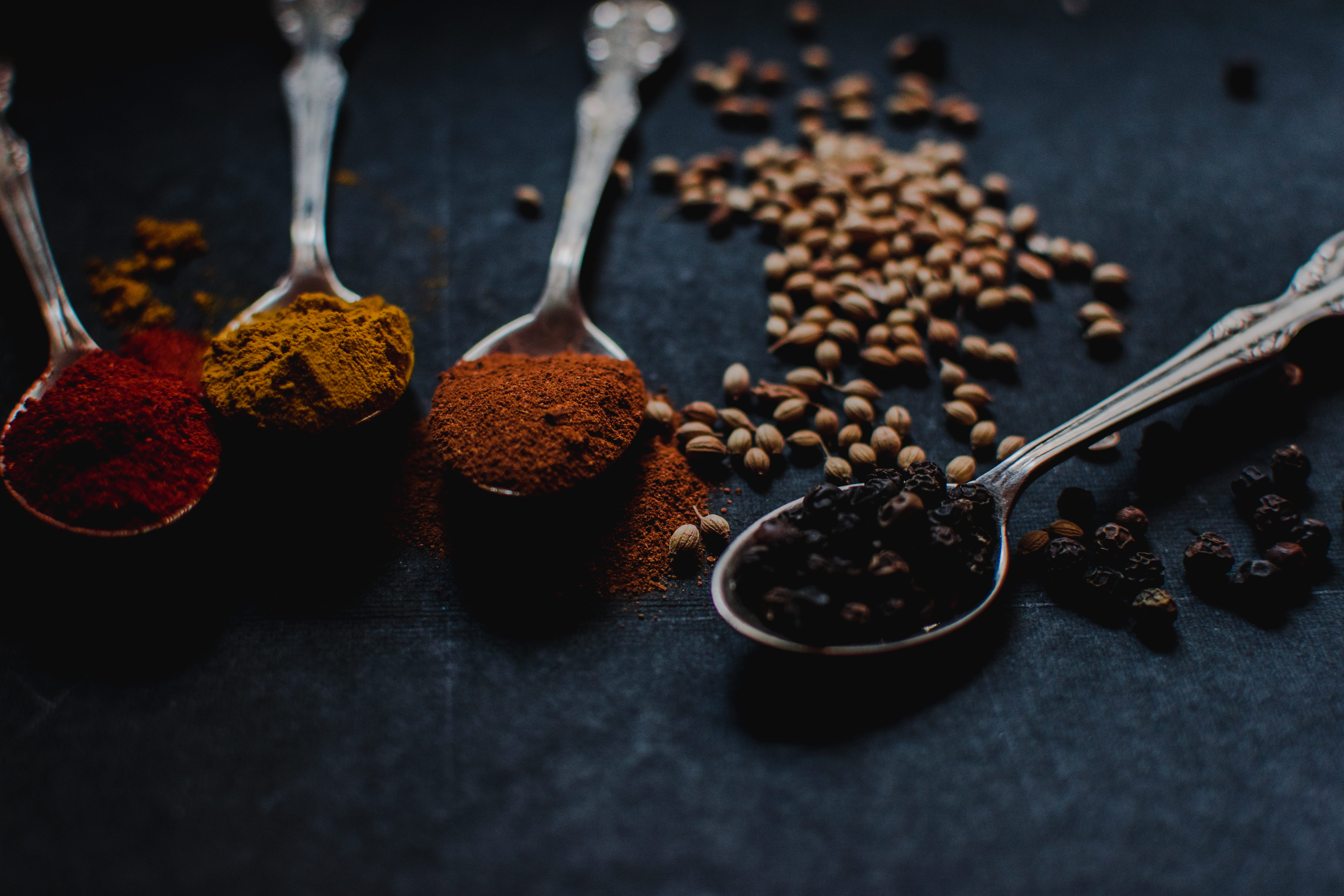 kitchen utensil, lot, selective focus, gray, still life, focus on foreground, food, dark, powders, peppercorns, 5K, cardamom, cinnamon, variation, choice, HD Wallpaper