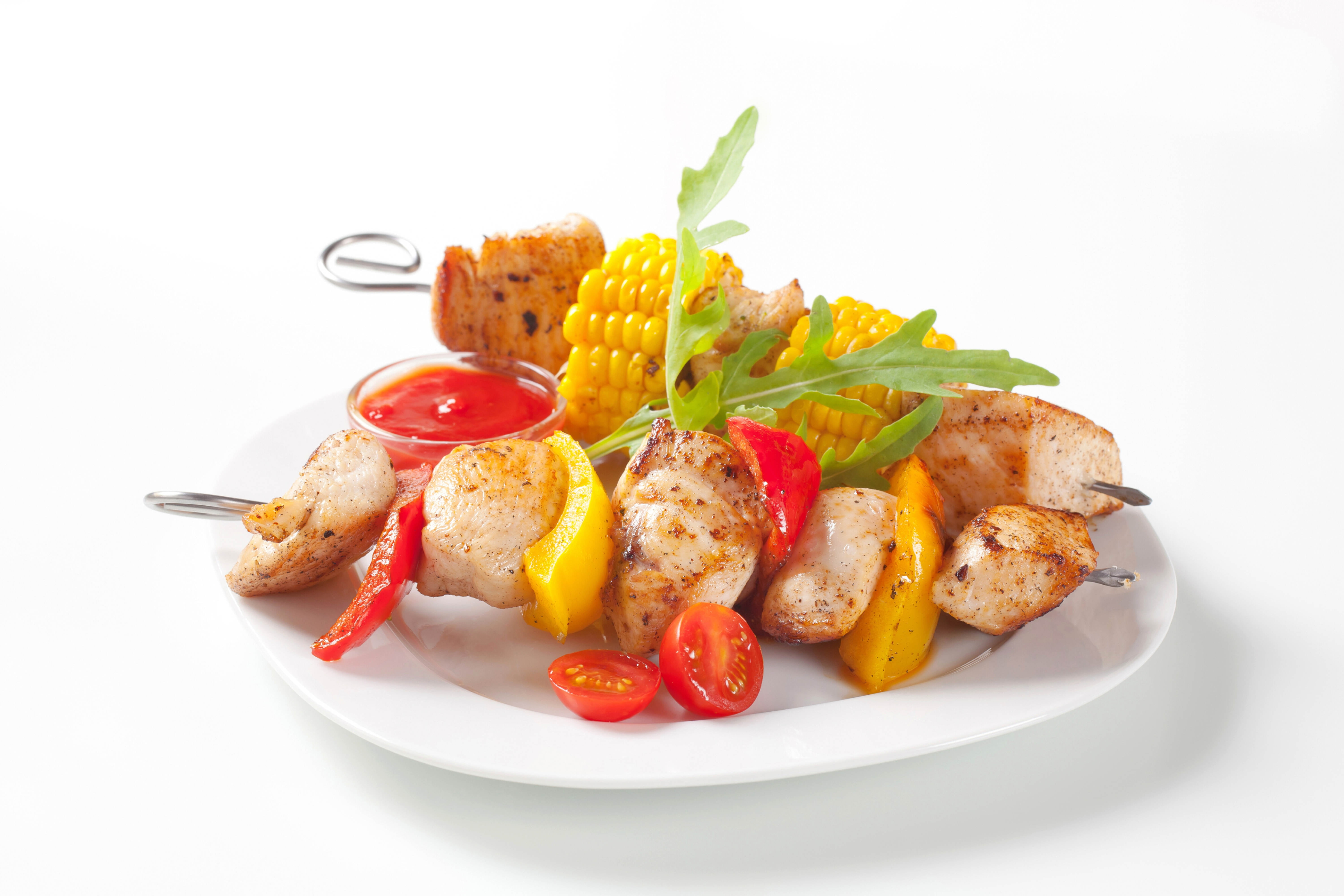 chicken, roasted, dishes, kebabs, pork, tomato, vegetable, corn, vegetables, grilled, two, food, white Meat, snack, cooking, restaurant, lunch, freshness, HD Wallpaper