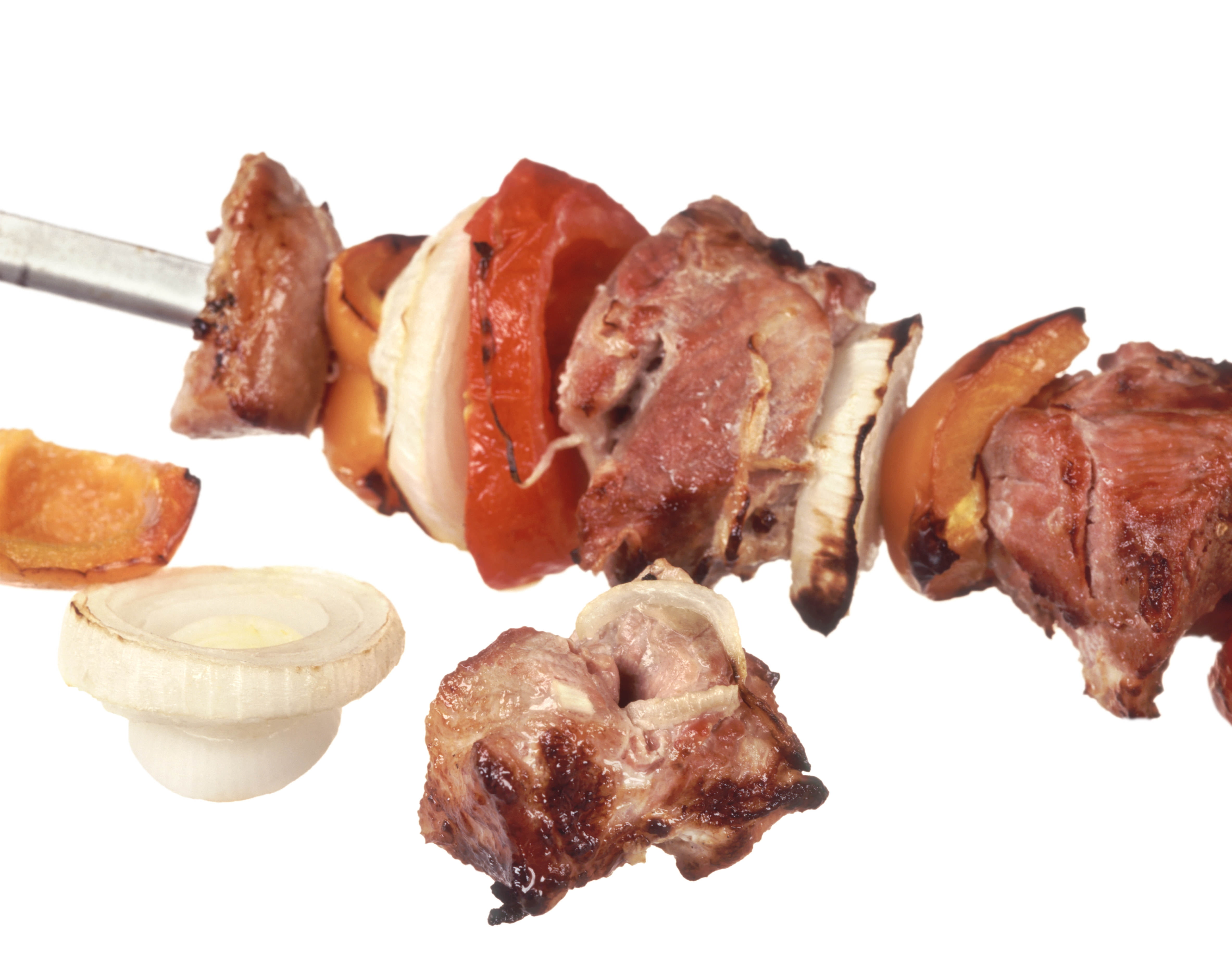 kebabs, breakfast, food And Drink, slice, skewer, grilled, tasty, meat, spice, no People, 4K, bacon, white Background, indoors, skewers, ready-to-eat, HD Wallpaper