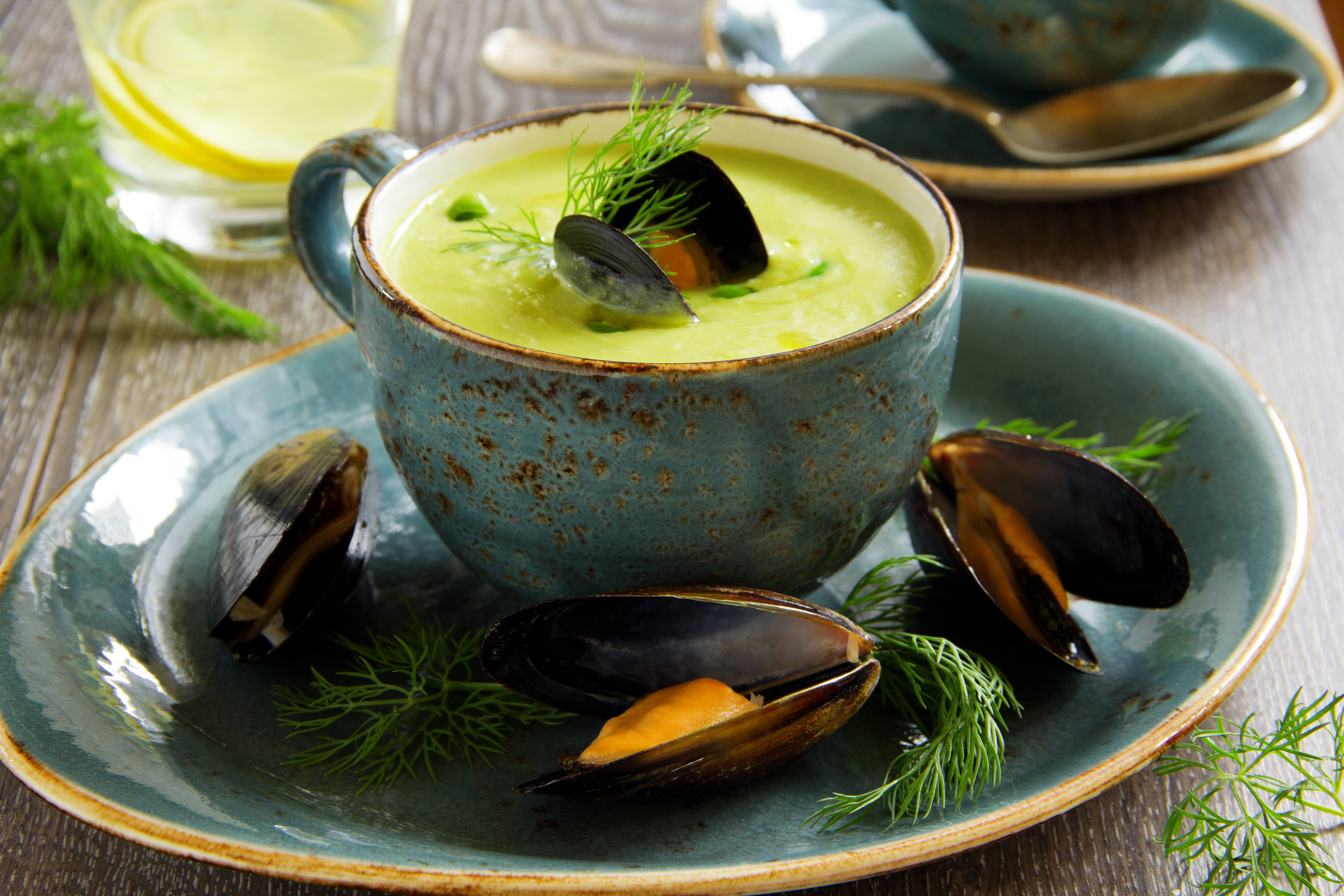puree soup with mussels, 5K, dill, peas, the first dish, greens, parsley, HD Wallpaper