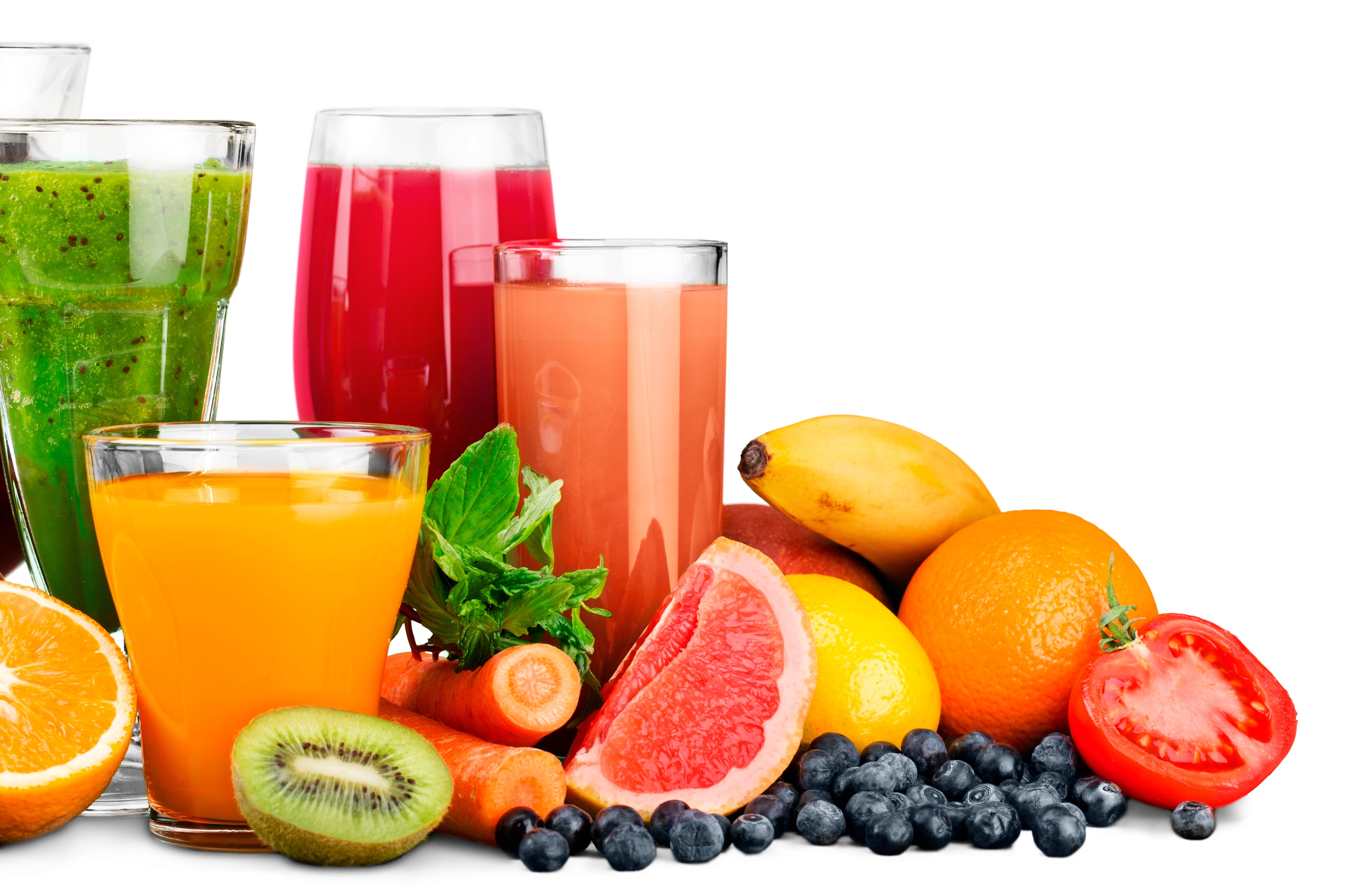 tomato, lemon, oranges, fruit, kiwi, vegetables, blueberries, banana, juices, 5K, white background, carrots, glasses, berry, HD Wallpaper