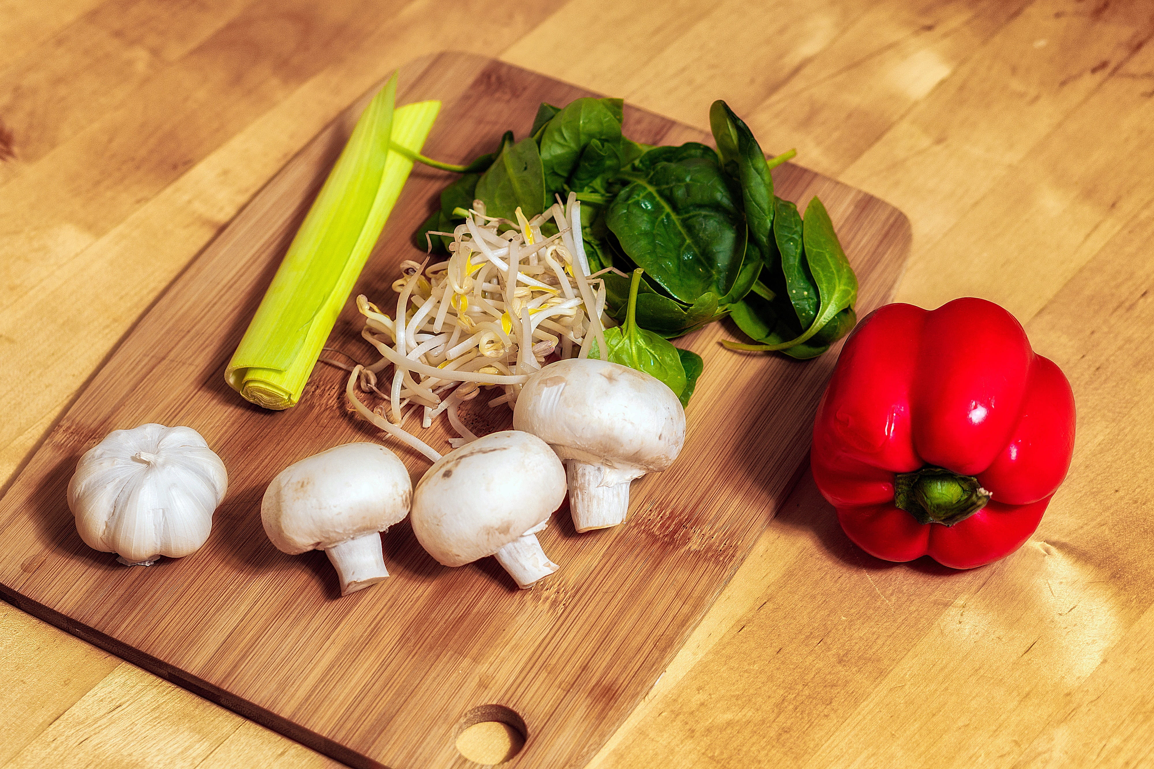 high angle view, vegan, chopping, leaf, white, organic, no people, vegetarian, diet, paprika, veggies, healthy, wood, table, bean sprouts, 4K, nutrition, HD Wallpaper