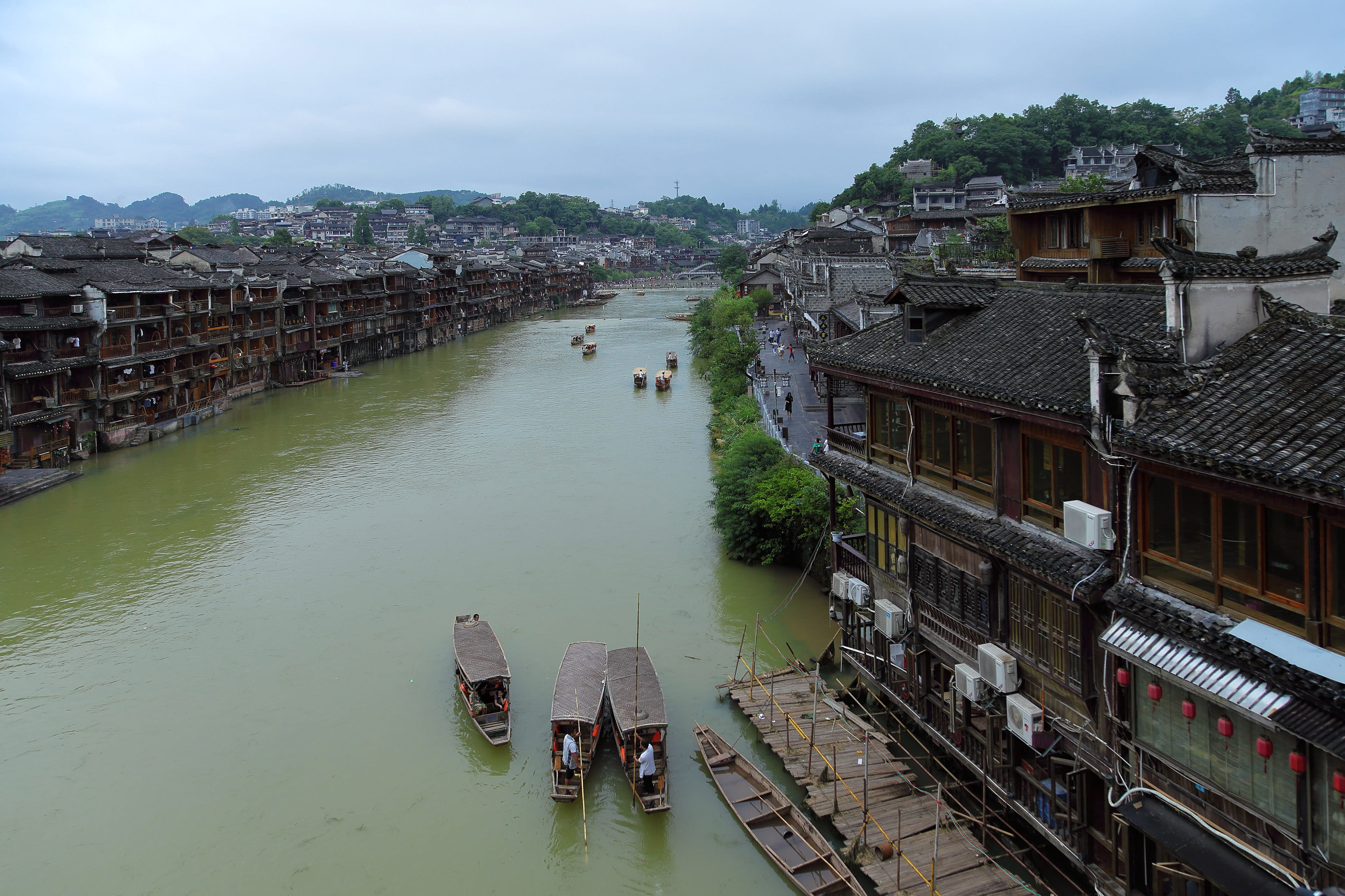 travel destinations, residential district, sky, hunan, transportation, travel, outdoors, fenghuang, day, river, architecture, water, building, nature, tuojiang, HD Wallpaper