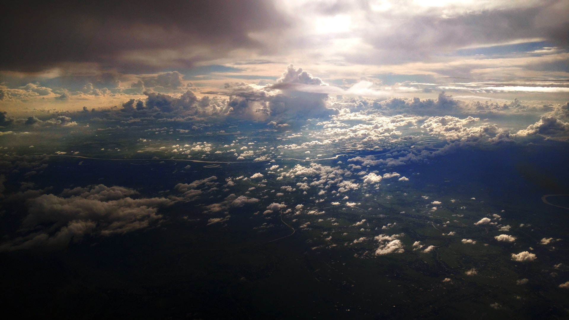 lens flare, no people, tranquility, tranquil scene, cloud - sky, environment, landscape, cloudscape, sunbeam, beauty in nature, nature, sunlight, aerial view, HD Wallpaper