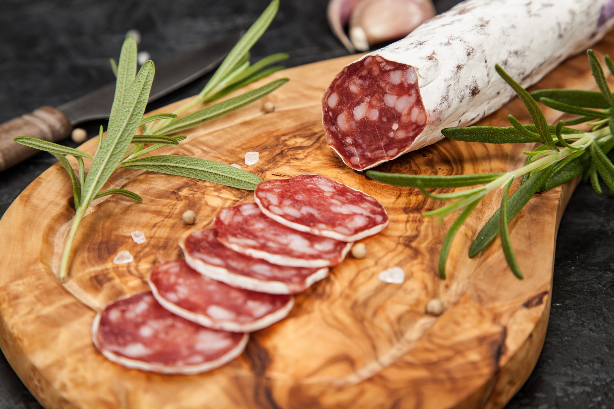 meat, pork, preparation, salami, close-up, food, indoors, herb, sausage, freshness, wood - material, selective focus, cutting board, slice, vegetable, table, HD Wallpaper