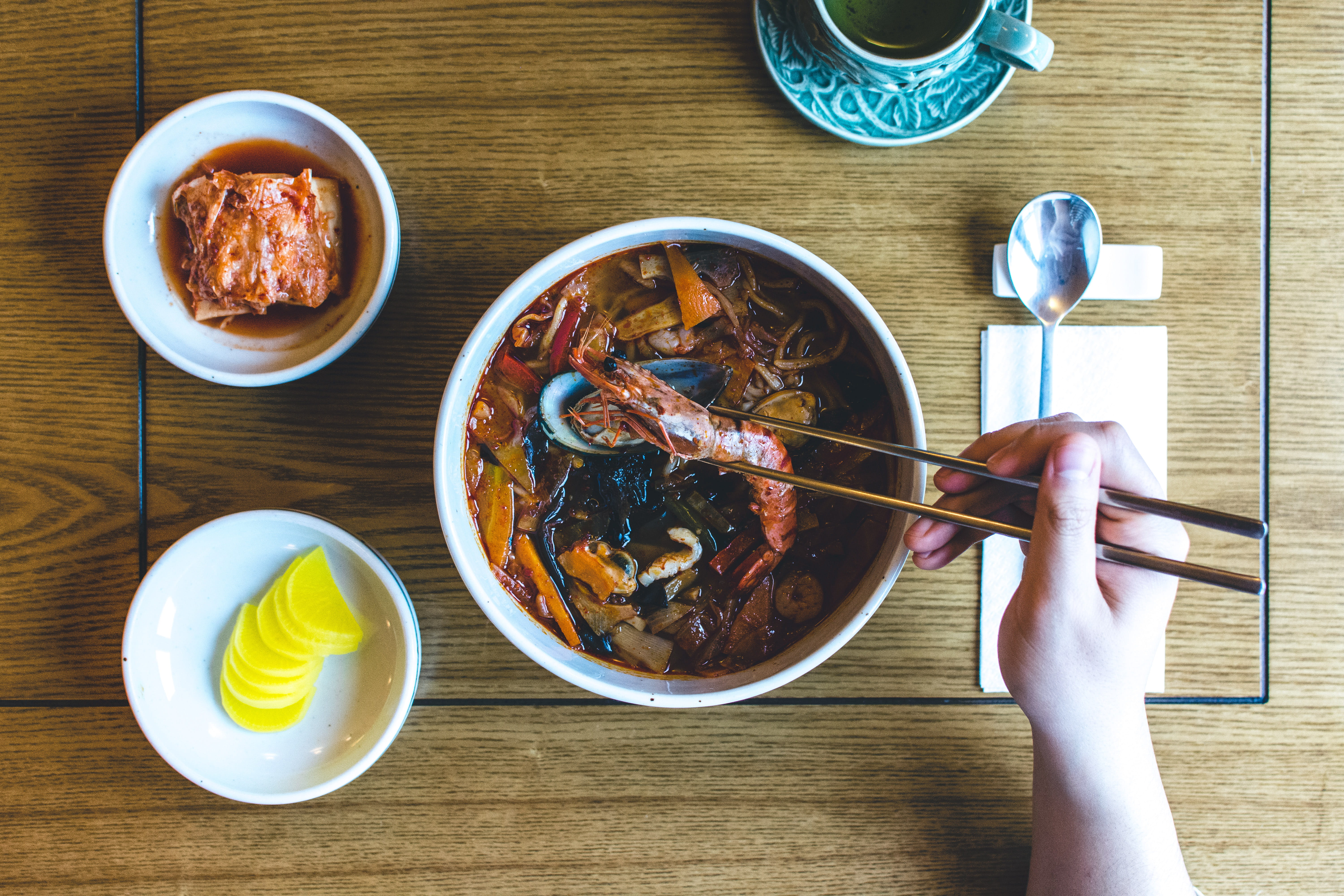 food, table, kitchen utensil, soup, glass, Korean, holding, spoon, high angle view, breakfast, finger, bowl, meal, chopsticks, 5K, wood, hand, freshness, HD Wallpaper