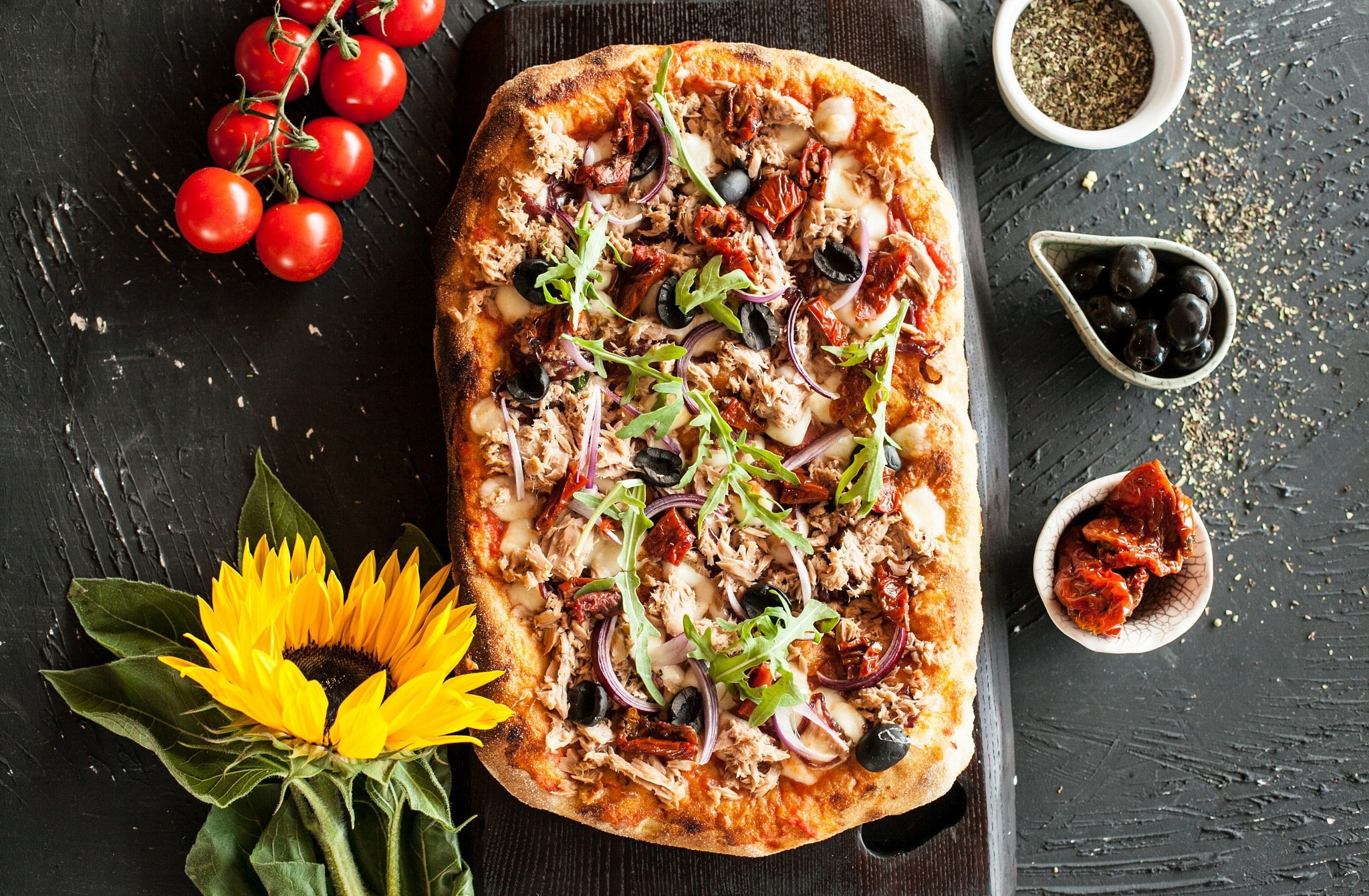 1080P, pizza, flowers, sunflowers, tomatoes, food, HD Wallpaper