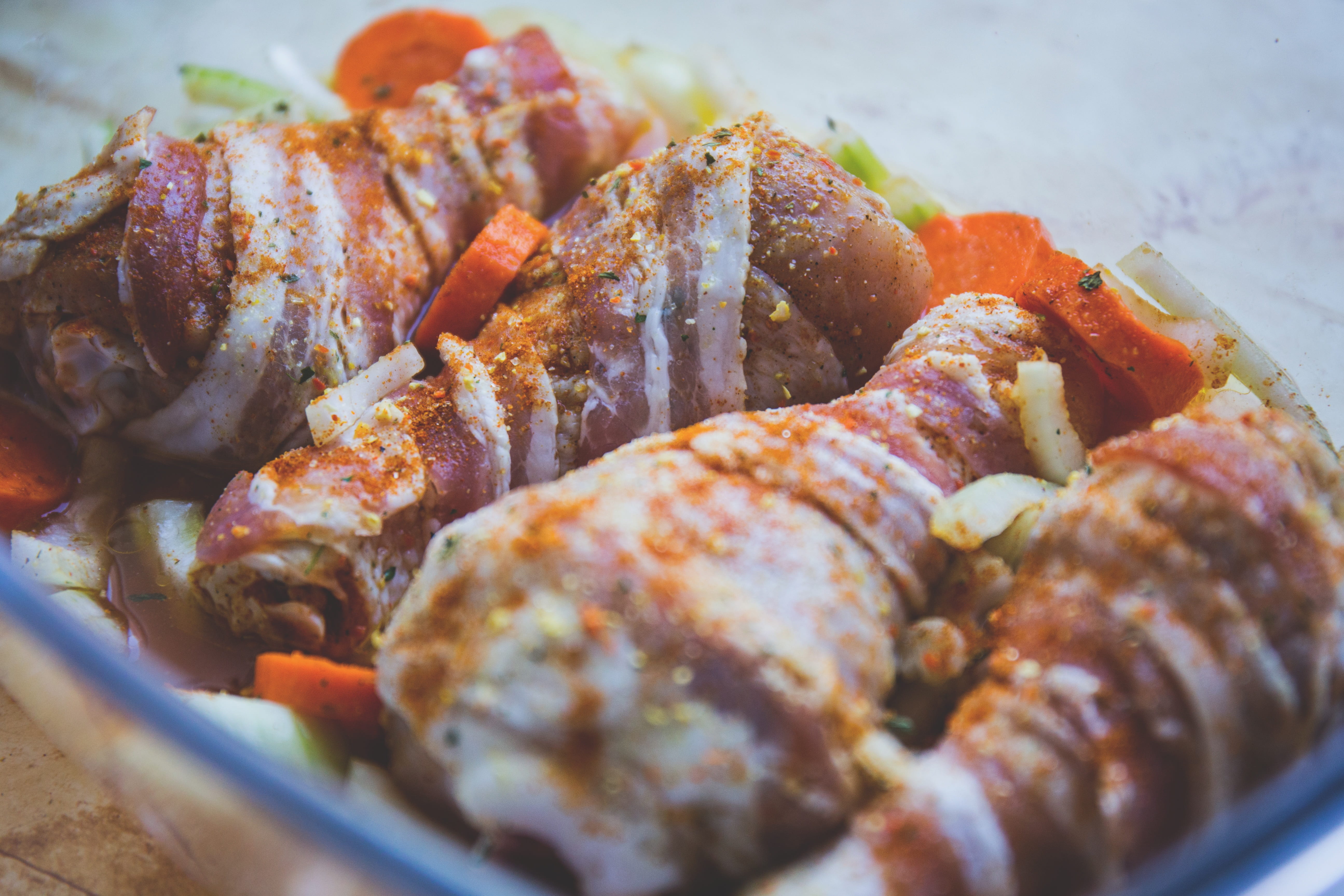 freshness, white meat, vegetable, food and drink, vegetables, four, no people, still life, wellbeing, breaded, bacon, ready-to-eat, legs, dish, chicken meat, HD Wallpaper