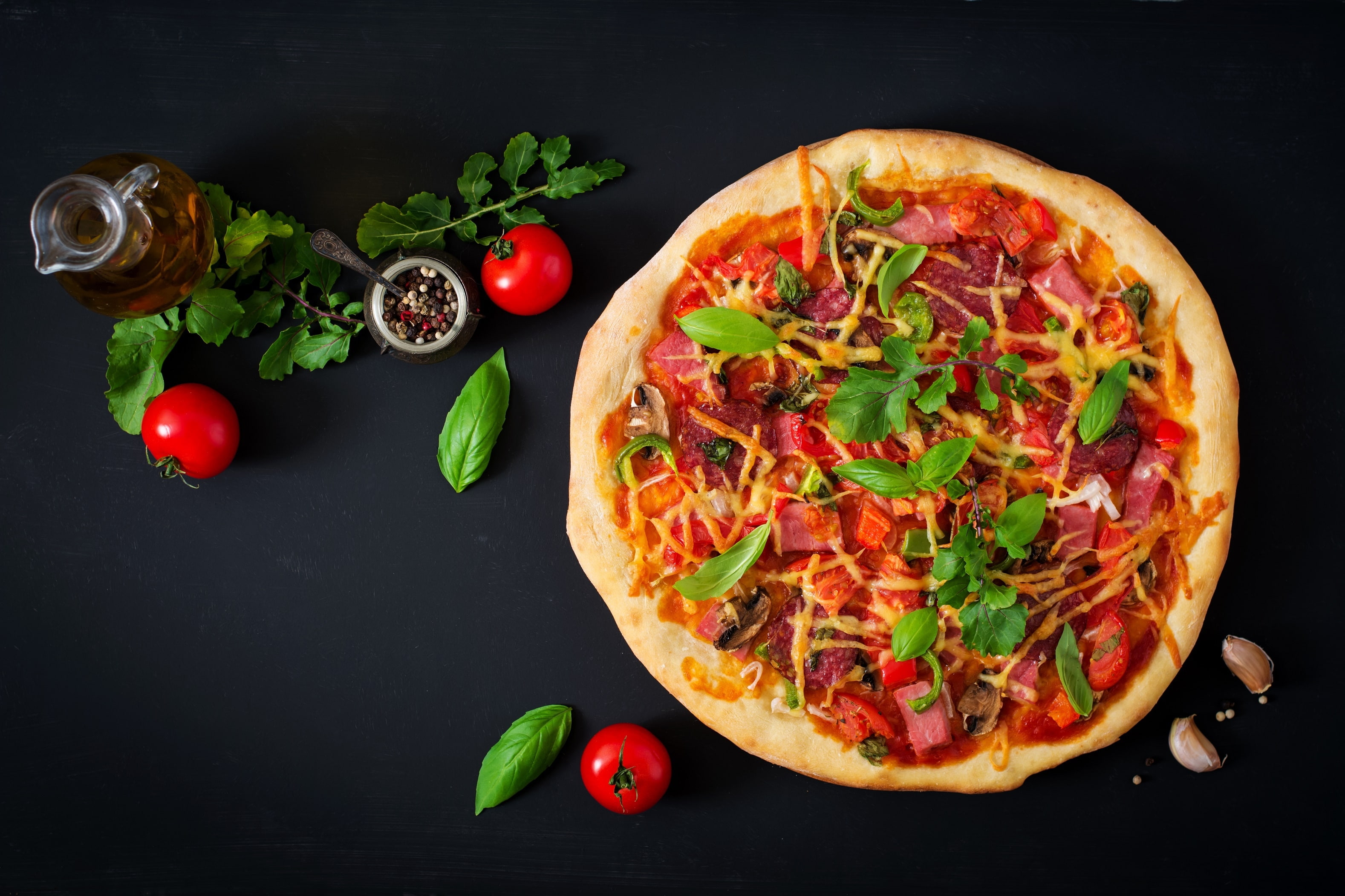 studio shot, black background, freshness, herb, indoors, italian food, tomato, vegetables, arugula, healthy eating, wellbeing, fruit, directly above, ready-to-eat, HD Wallpaper