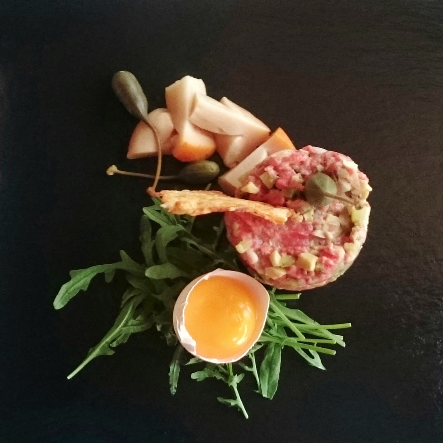food, vegetable, fried, egg yolk, ready-to-eat, black background, meal, close-up, food and drink, wellbeing, 720P, egg, no people, healthy eating, tartare, Phone HD Wallpaper