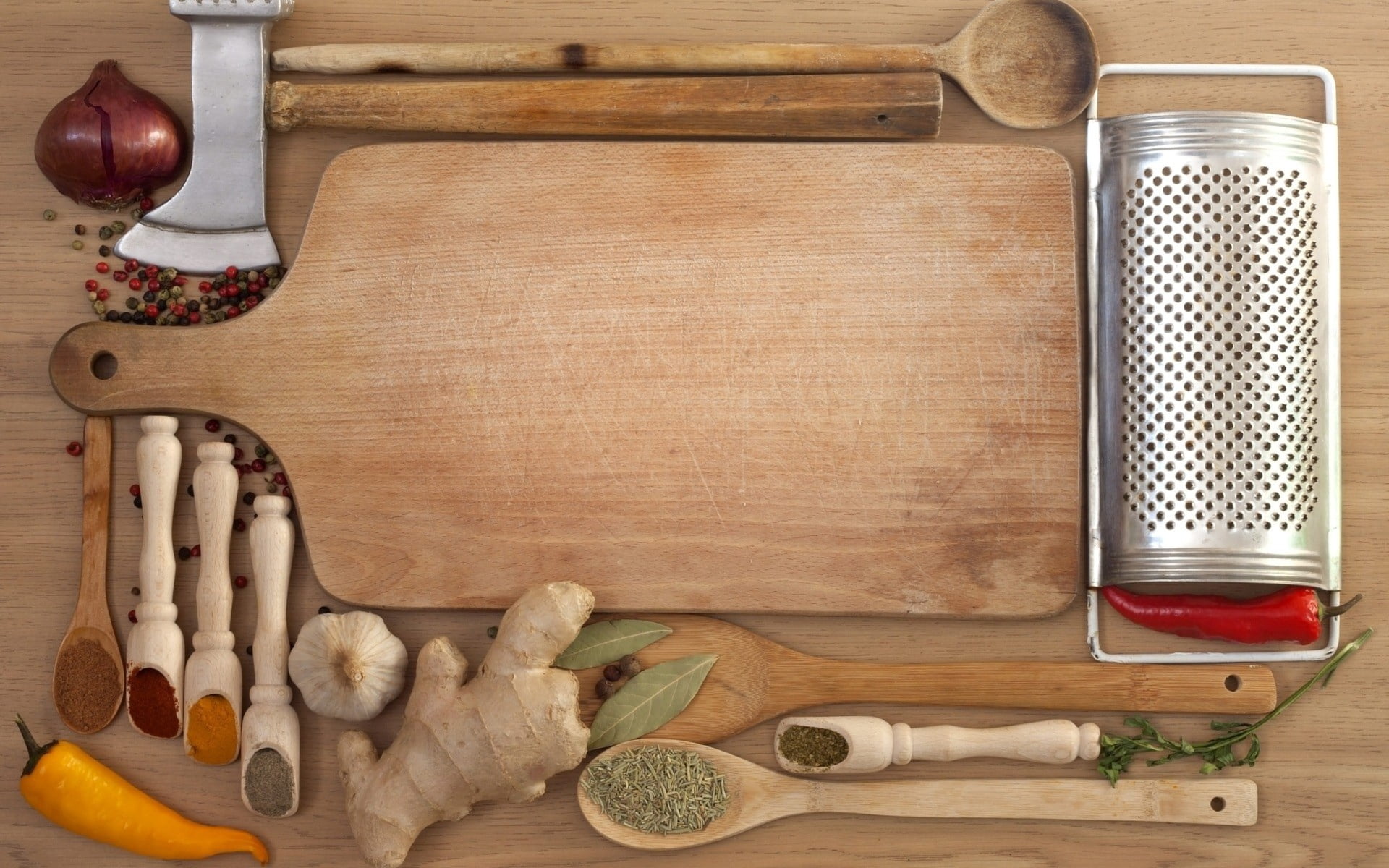 preparation, vegetable, old, choice, backgrounds, silver, food And Drink, herb, grater, no People, handle, brown, wooden spoon, garlic, spices, kitchen Knife, HD Wallpaper