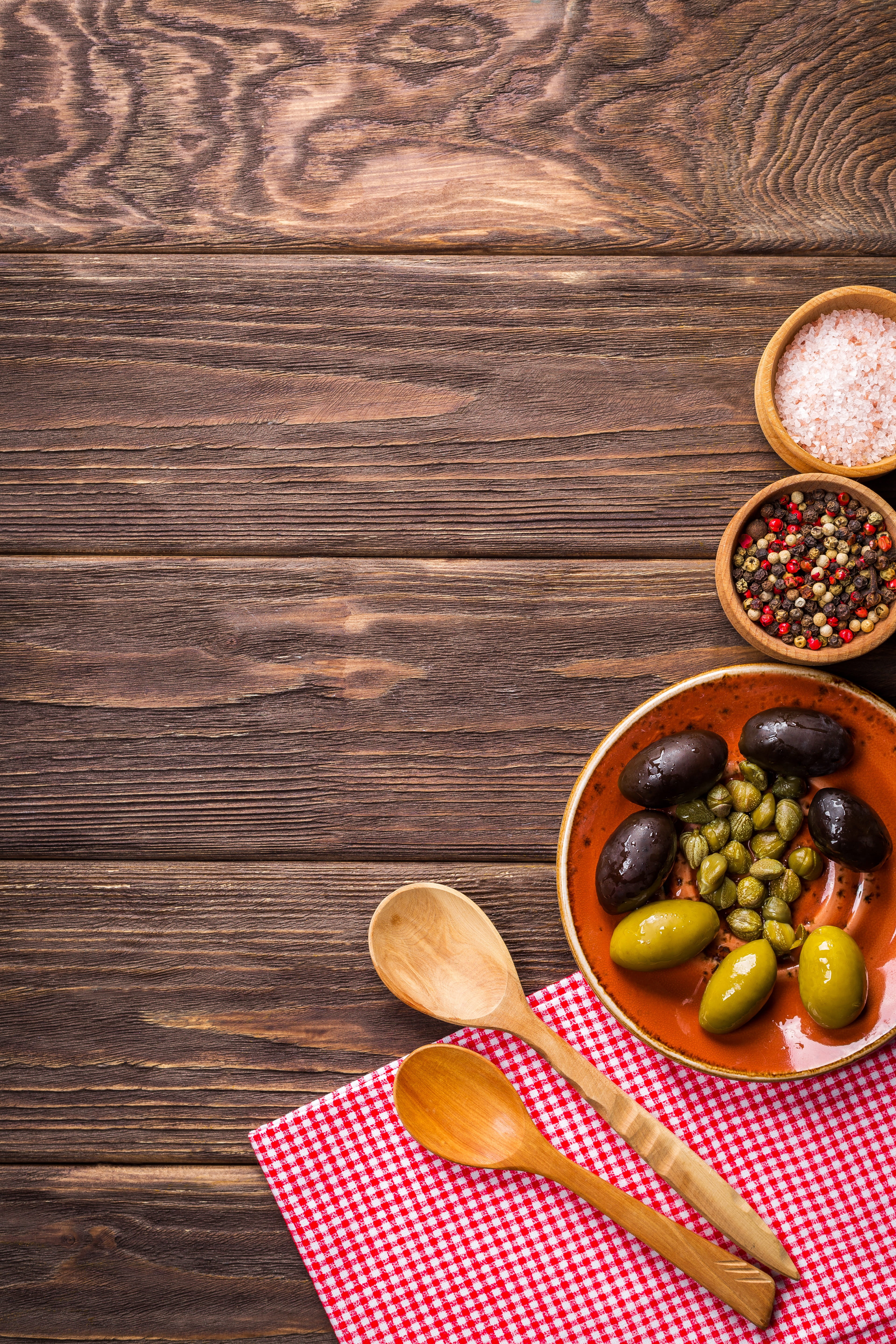 wood, high angle shot, table, choice, healthy, variation, food, bowl, fruit, kitchen, vintage, pepper, 5K, wood grain, wood - material, spoons, snack, Phone HD Wallpaper
