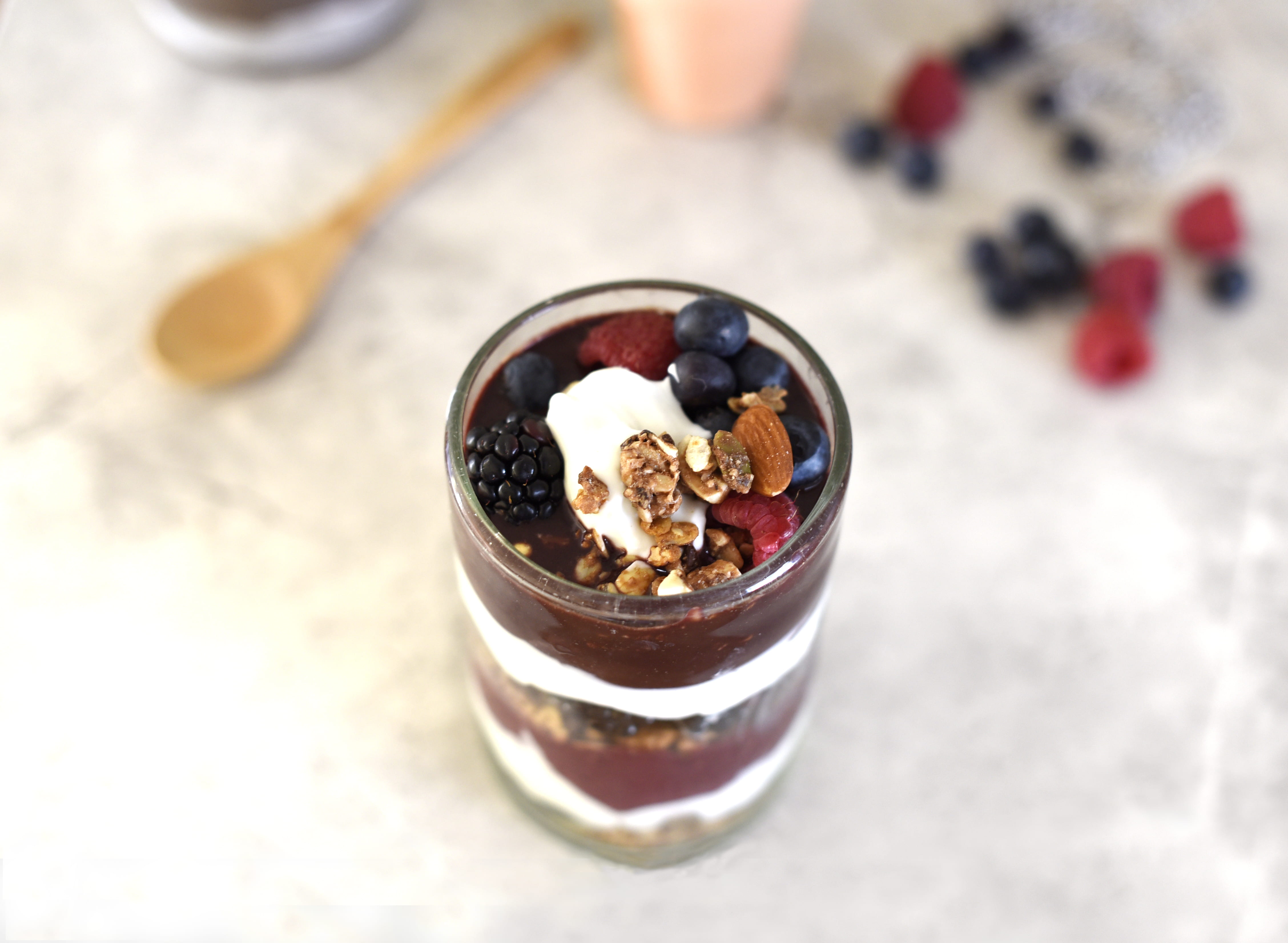 freshness, table, blueberry, jar, food, yoghurt, nut, 4K, chocolate, raisin, glass, spoon, no people, close-up, fruit, desert, selective, food and drink, HD Wallpaper