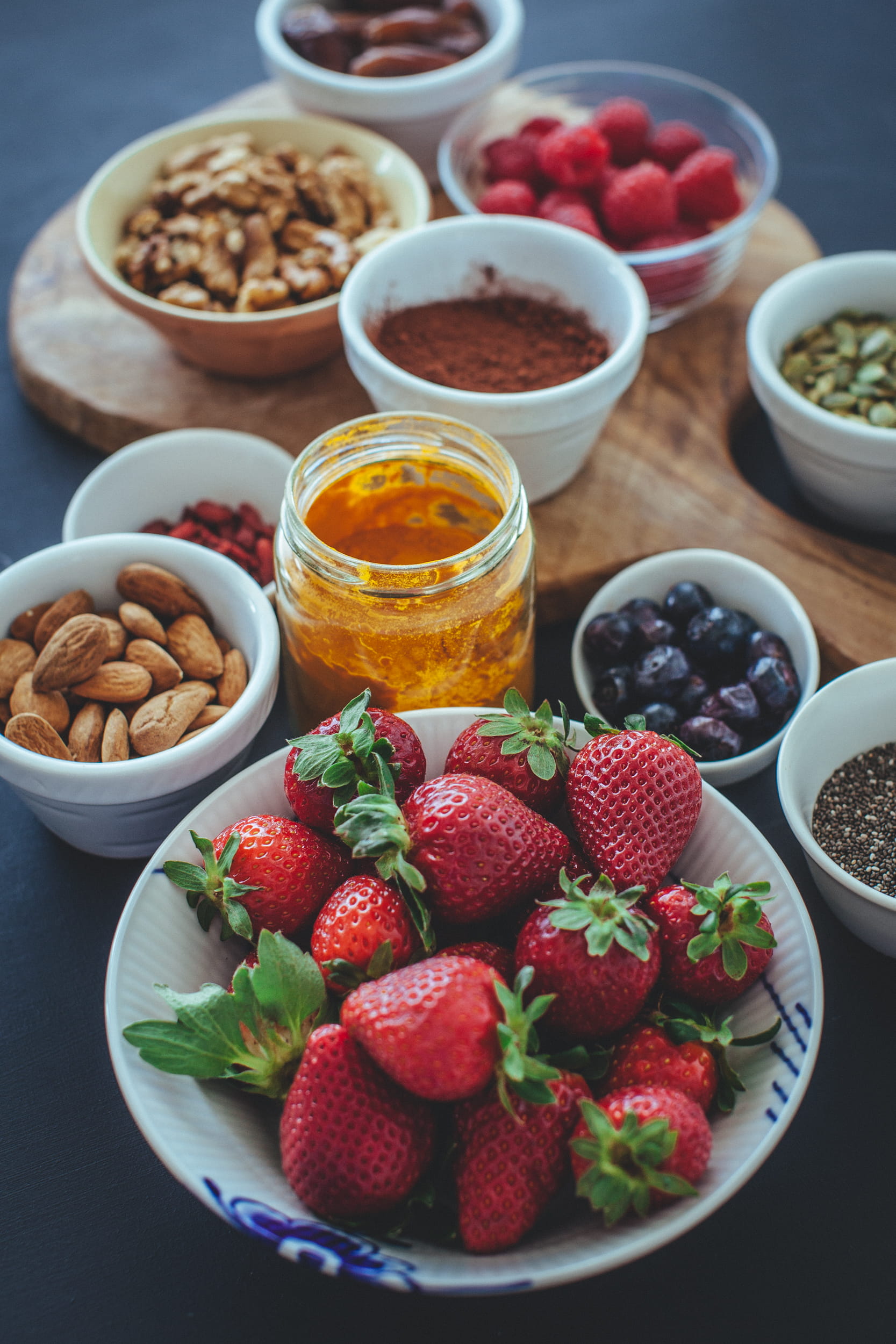 1080P, fruit, high angle view, freshness, strawberry, bowl, cumin, table, indoors, nature, spicy, blueberry, focus on foreground, wellbeing, breakfast, Phone HD Wallpaper
