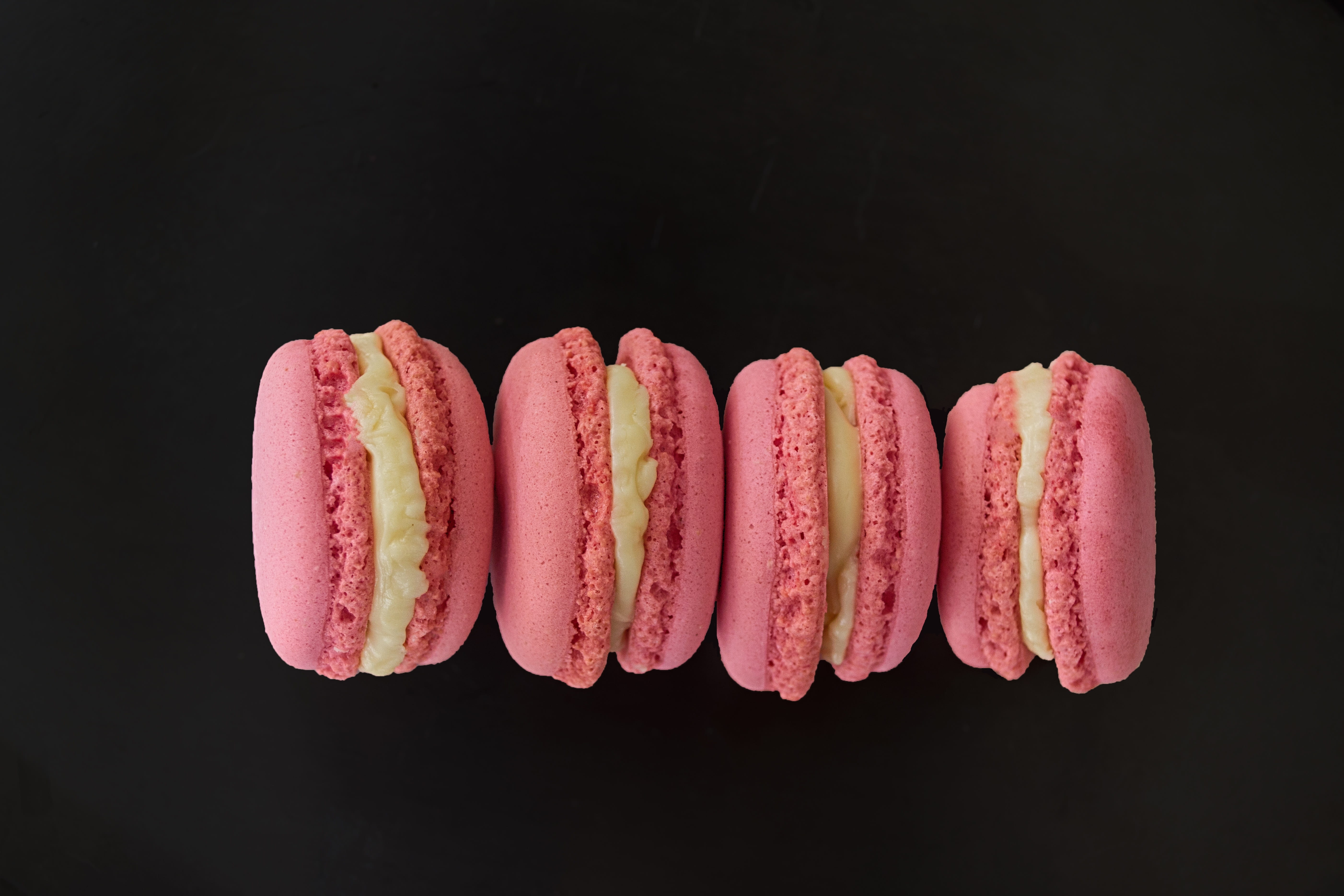 french cuisine, pink color, meringue, cookie, in a row, 5K, no people, temptation, vegetarian food, black background, freshness, special, cut out, four, HD Wallpaper