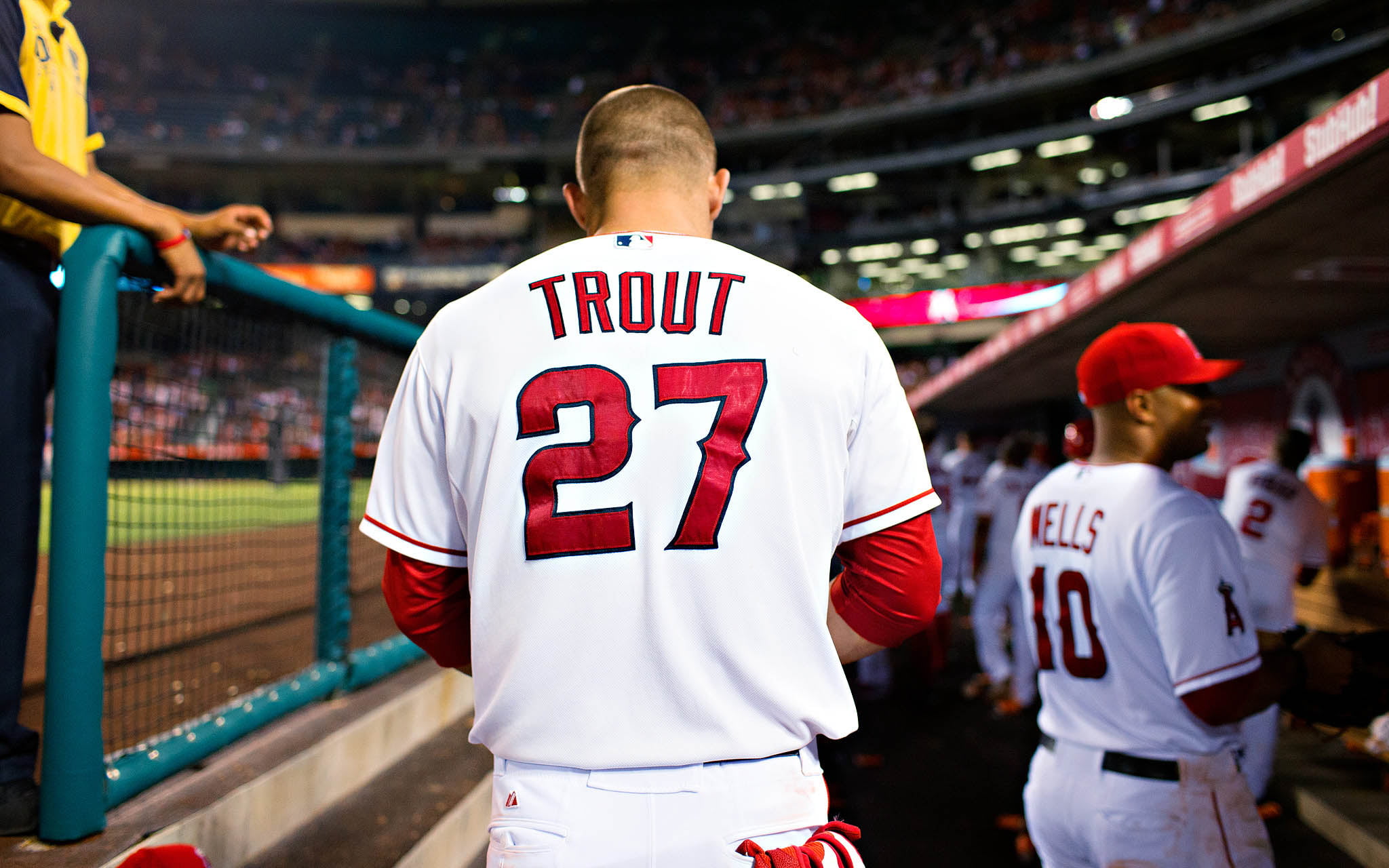 real people, mike trout, 1080P, sports Venue, outdoors, sports Uniform, young adult, focus on foreground, red, men, clothing, people, teamwork, stadium, HD Wallpaper