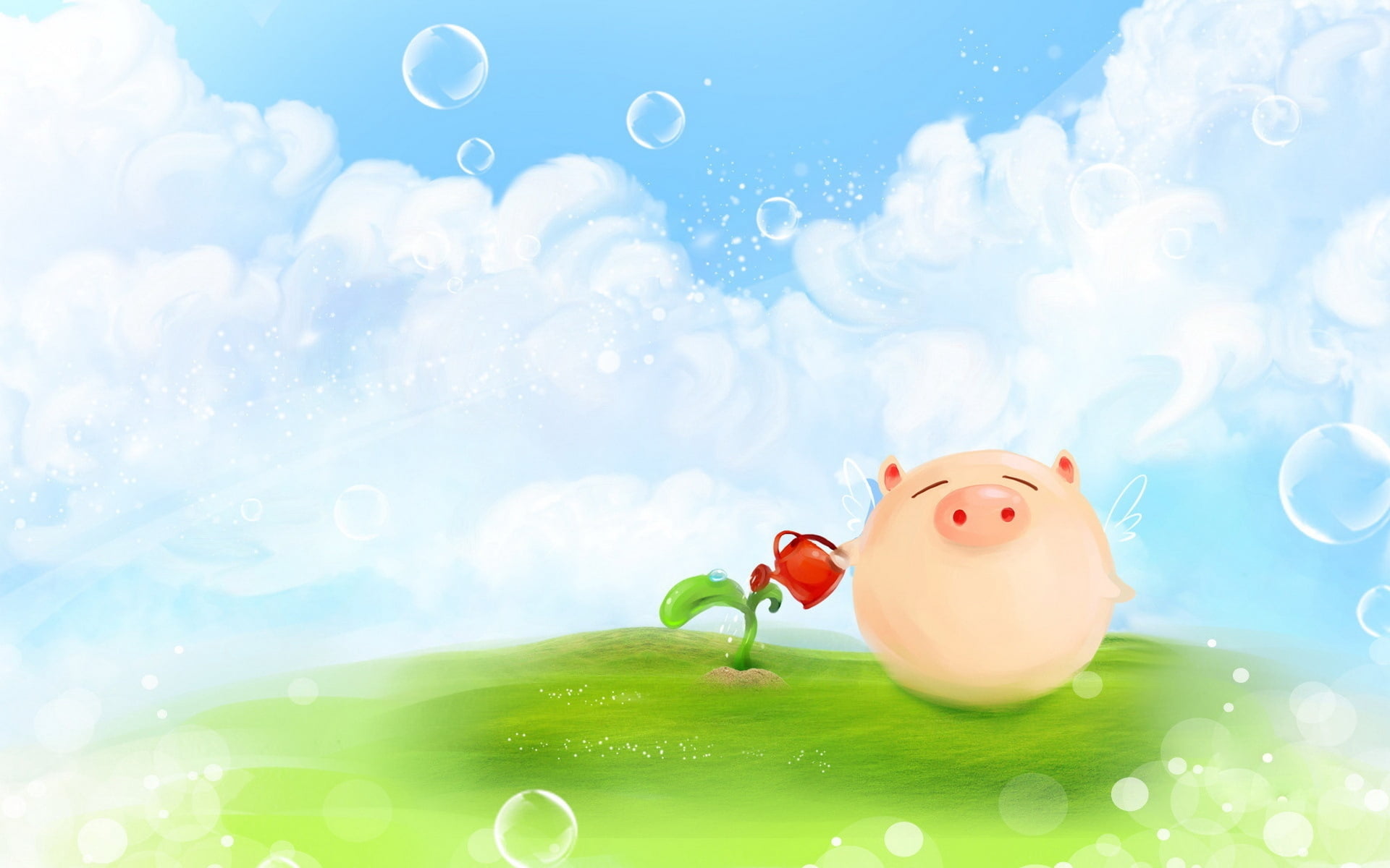 no people, art and craft, watering can, 1080P, animal, rubber duck, representation, green Color, sky, clouds, wealth, piggy Bank, currency, banking, digital composite, HD Wallpaper