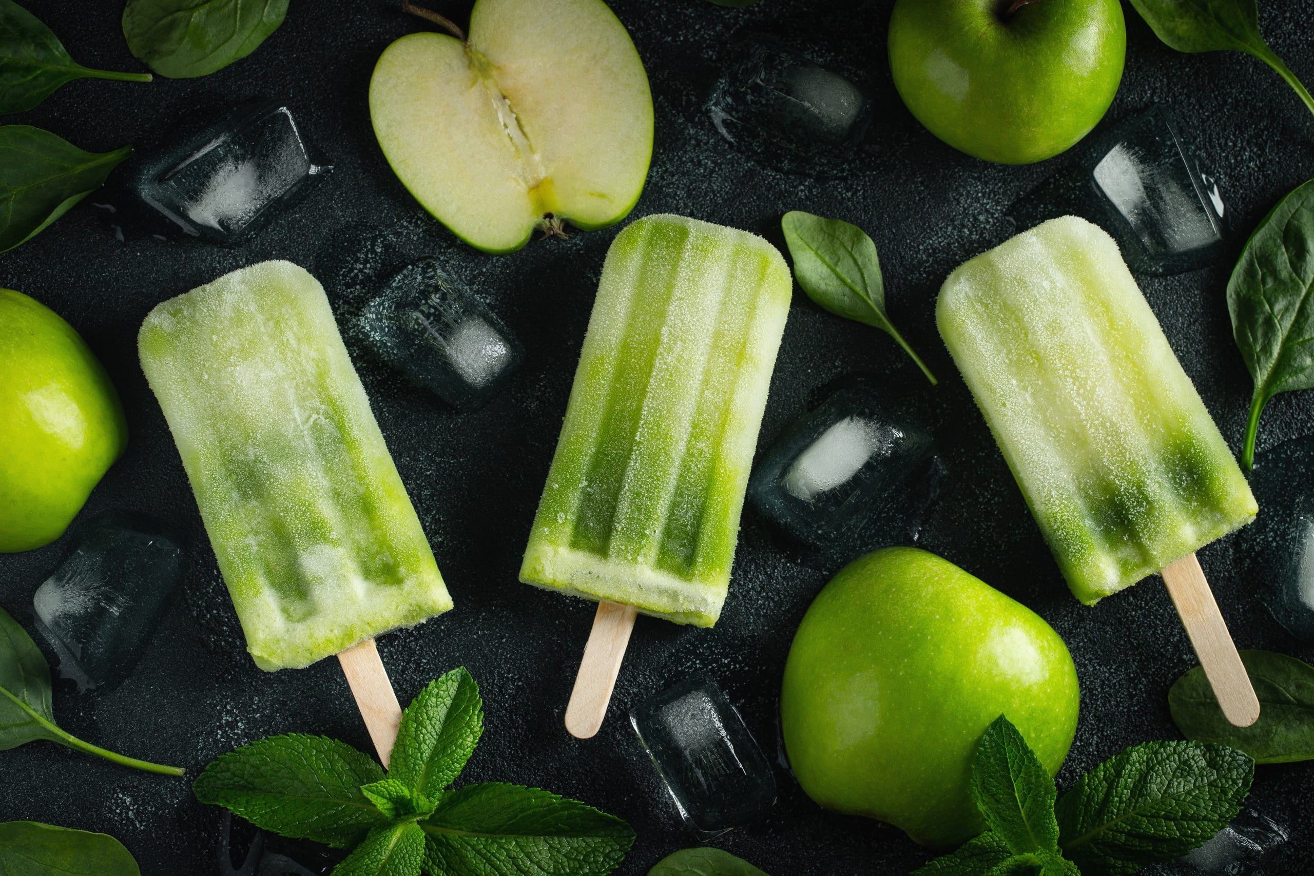 mint leaves, green, food, basil, 2K, spinach, apples, ice, ice cubes, popsicle, HD Wallpaper