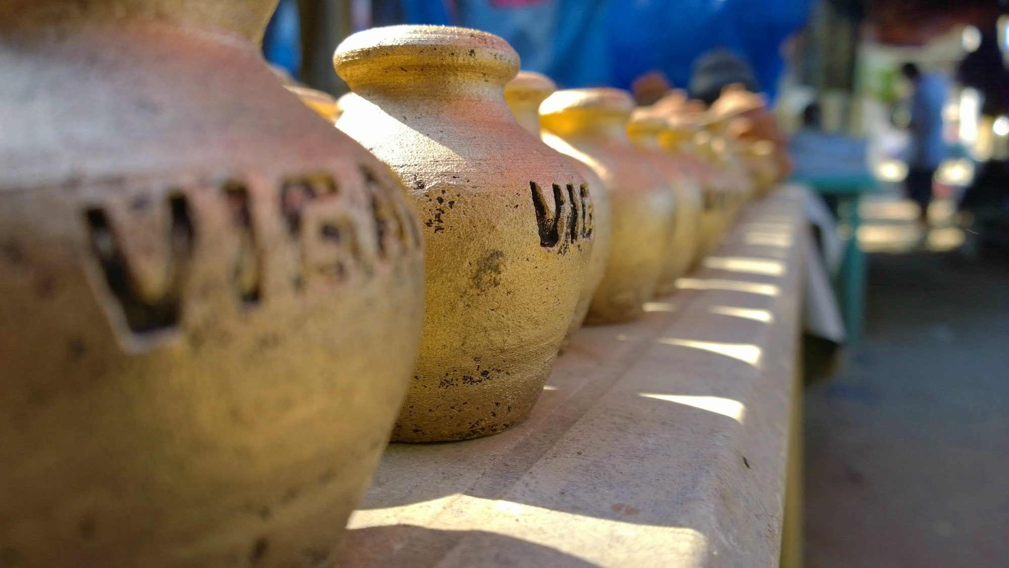 bottle, brown, pottery, still life, travel, philippines, vigan, in a row, focused, art and craft, 1080P, focus on foreground, close-up, drink, indoors, HD Wallpaper