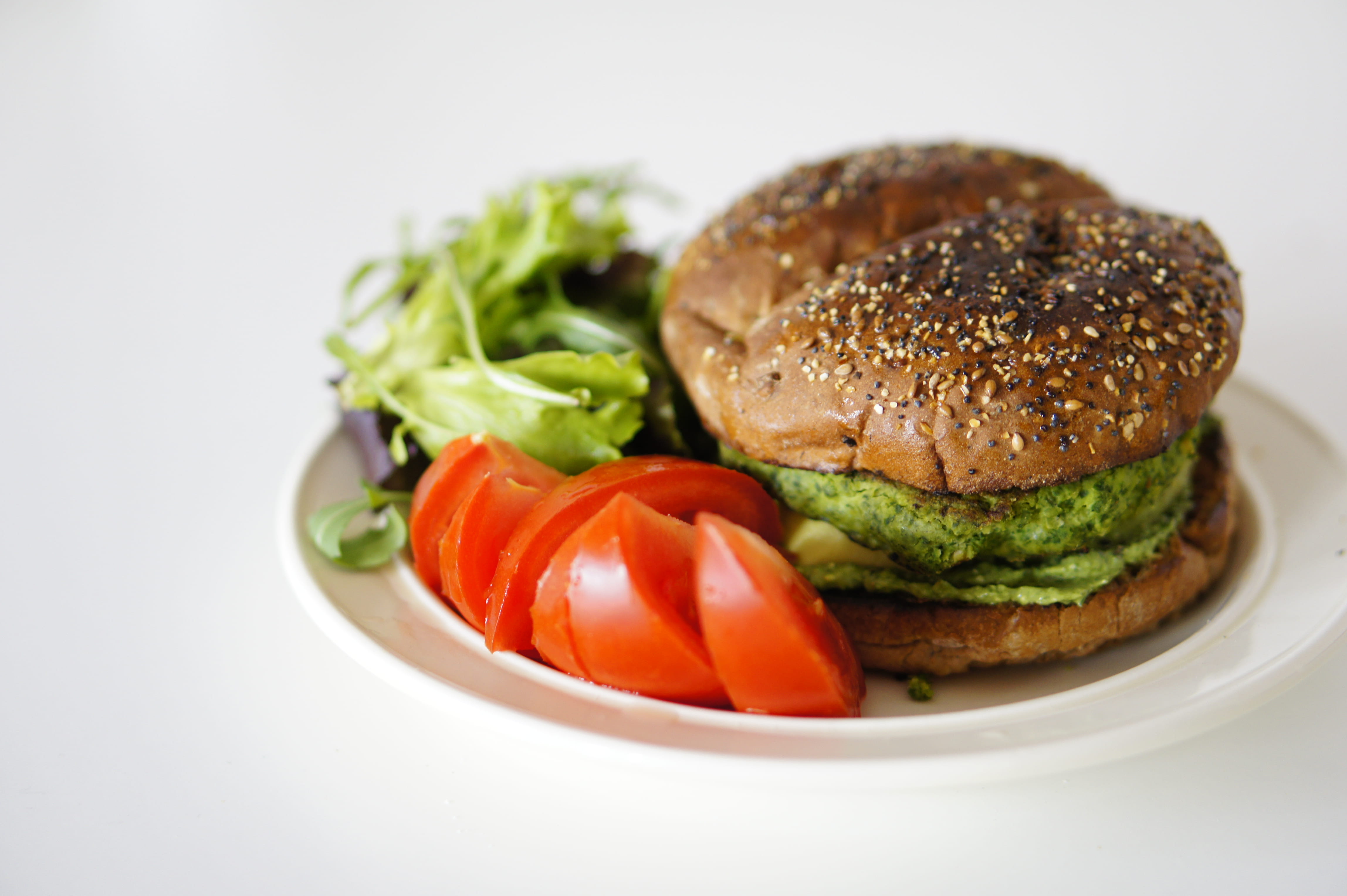 plant, meat, 4K, seasoning, roast, studio shot, sandwich, produce, lunch, indoors, surface, bun, vegetarian, arugula, tomato, burger, meal, sliced, veggie, HD Wallpaper