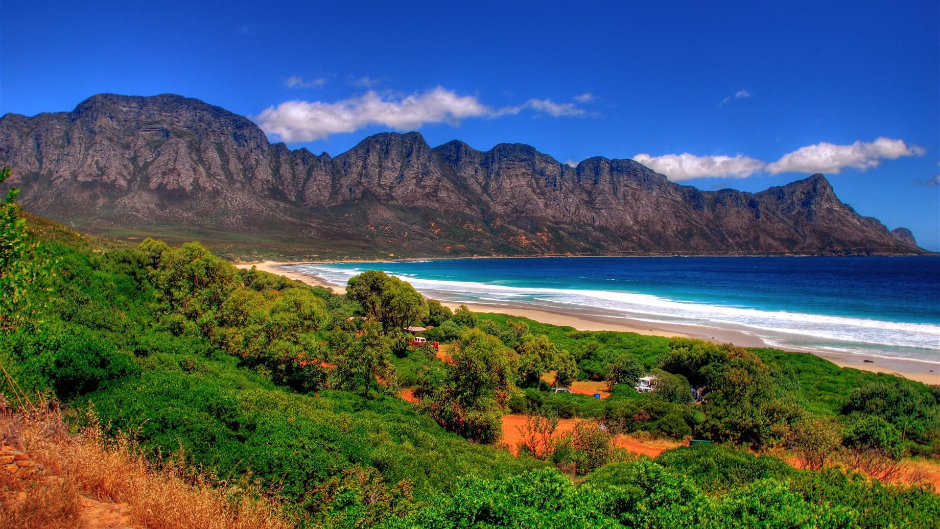 people, beach, secluded, blue, hdr, seashore, nature and landscapes, forest, mountains, 1080P, HD Wallpaper