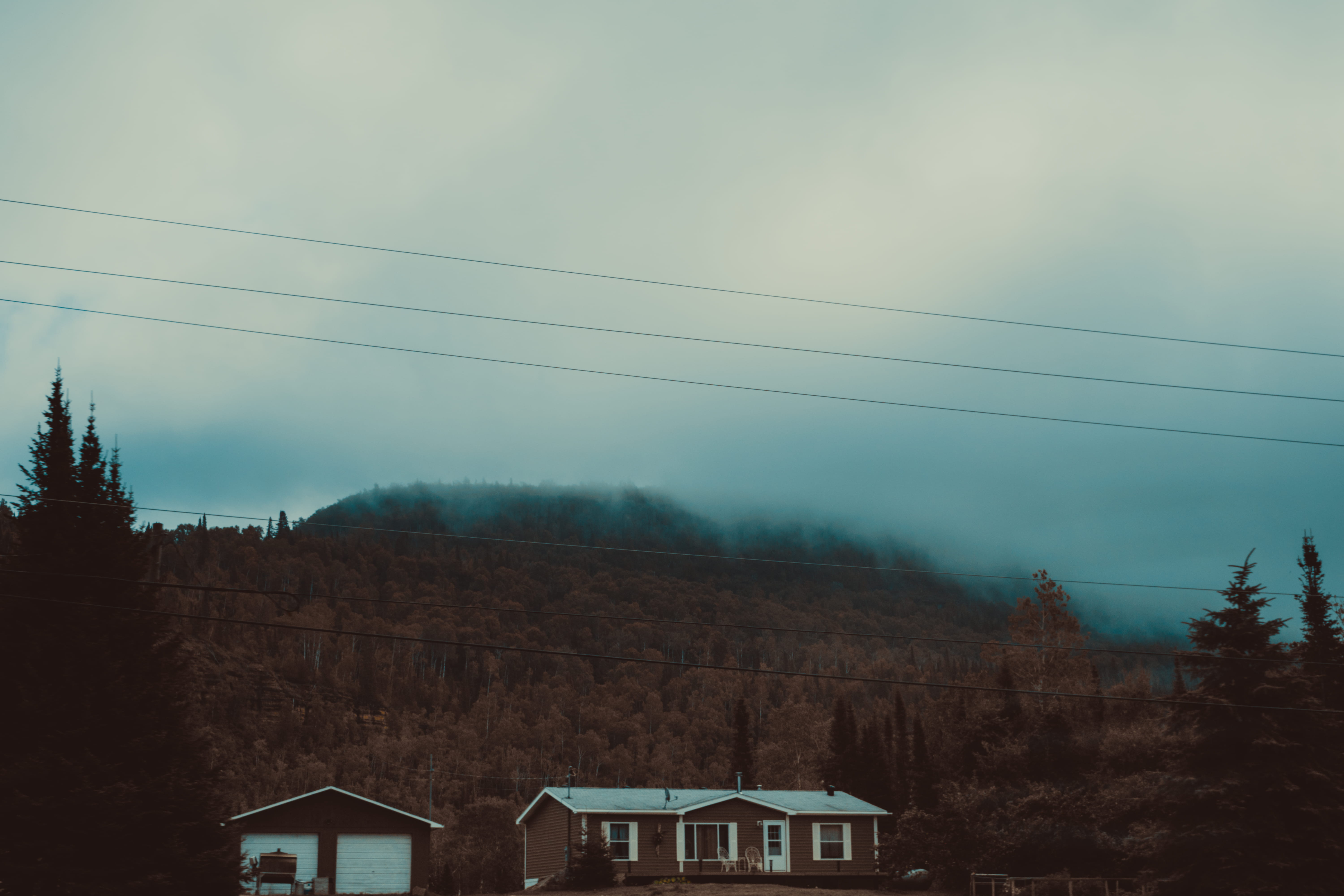 nikon, electricity, trees, calm, outdoors, architecture, tree, plant, day, monotone, secluded, mountain, fall, 5K, building exterior, built structure, HD Wallpaper