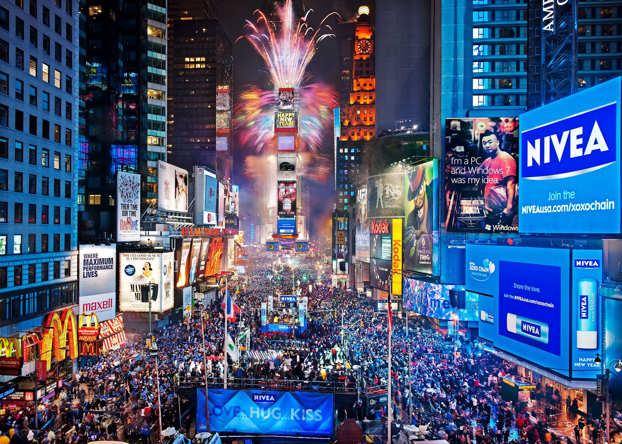 New Year, cities, Square, Lights, New, city, 1080P, Traffic, People, crowd, times, USA, York, neon, Fireworks, HD Wallpaper