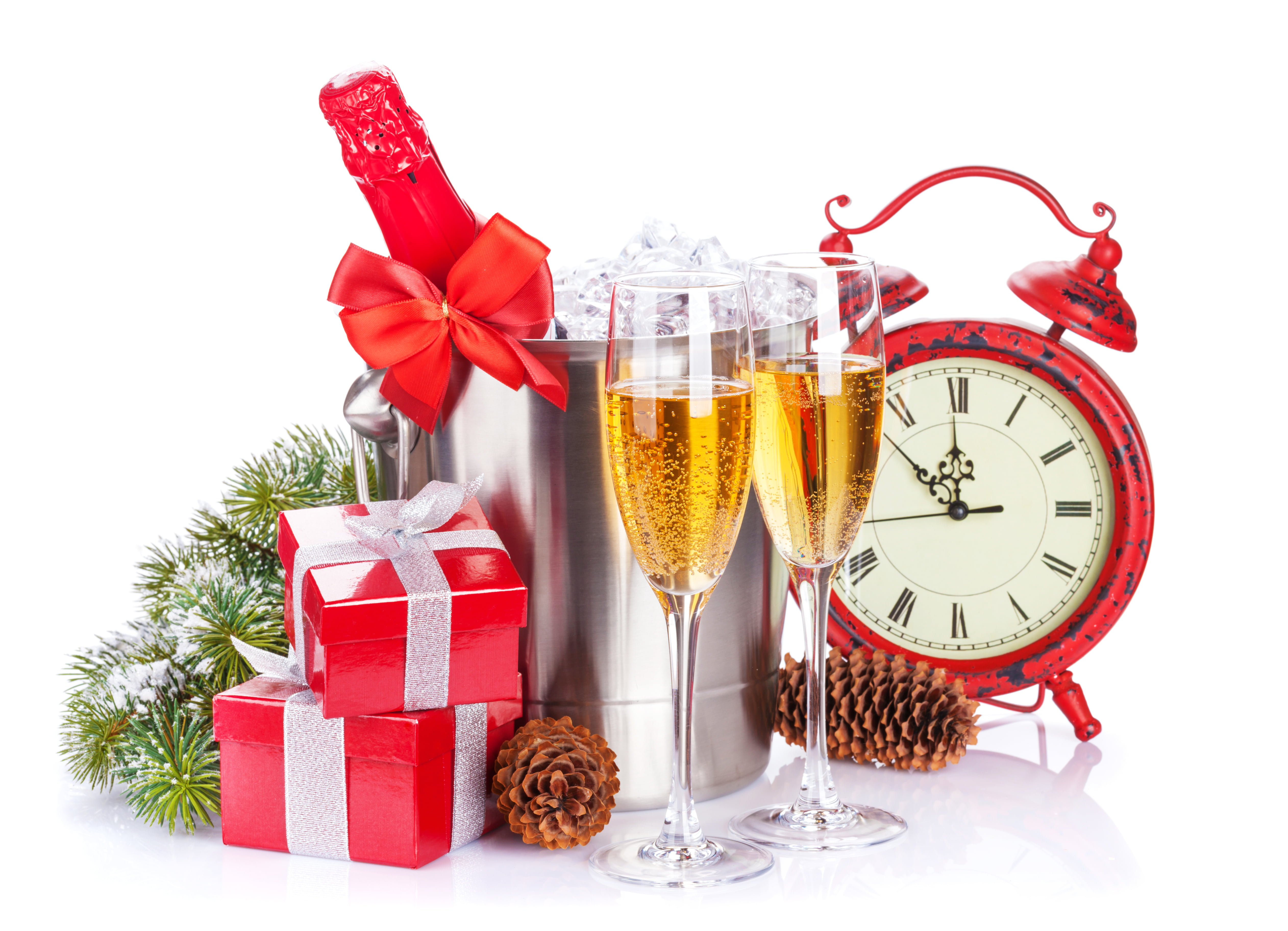 bow, decoration, snow, gift box, box - container, round, analog, 4K, christmas ornament, Happy New Year, red, still life, Cup, watch, ornaments, champagne, HD Wallpaper