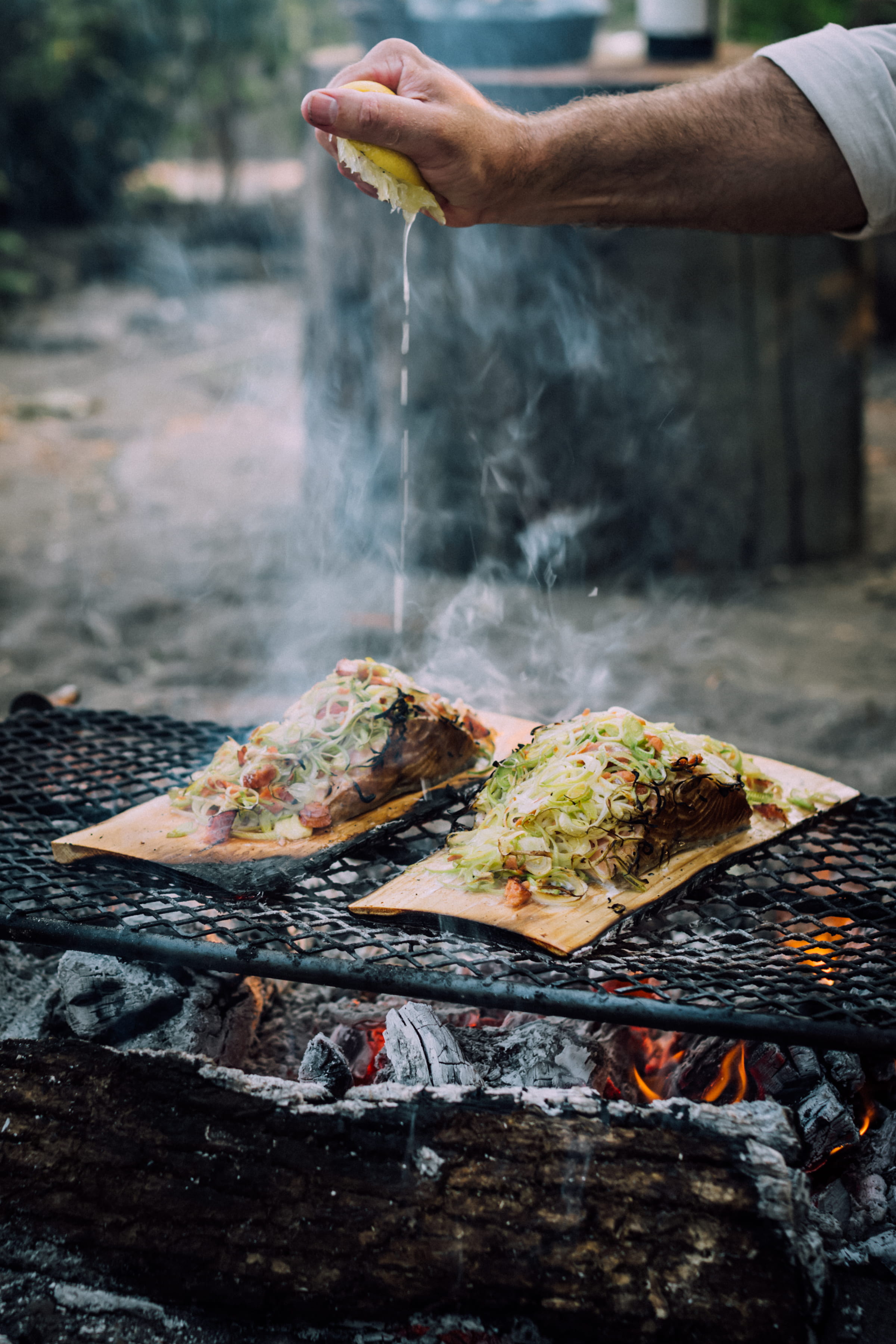 flame, outdoors, barbecue, vegetables, burning, preparation, food and drink, lemon, salad, viand, smoke - physical structure, grill, day, salmon, preparing food, Phone HD Wallpaper