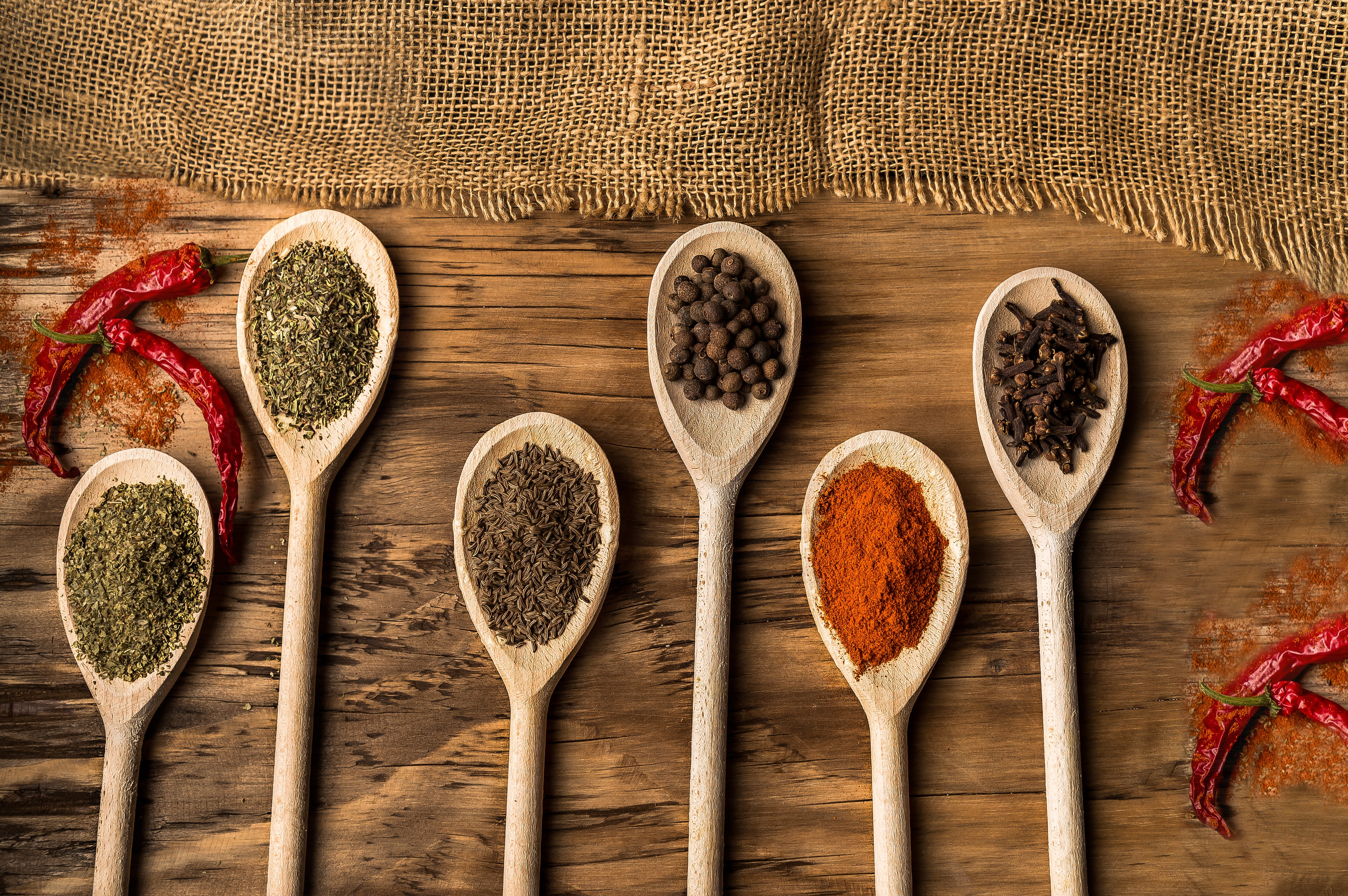 wooden spoon, spoon, peppers, ingredient, food, choice, eating utensil, red chili pepper, spice, wood, seasoning, 5K, no people, variation, kitchen utensil, HD Wallpaper